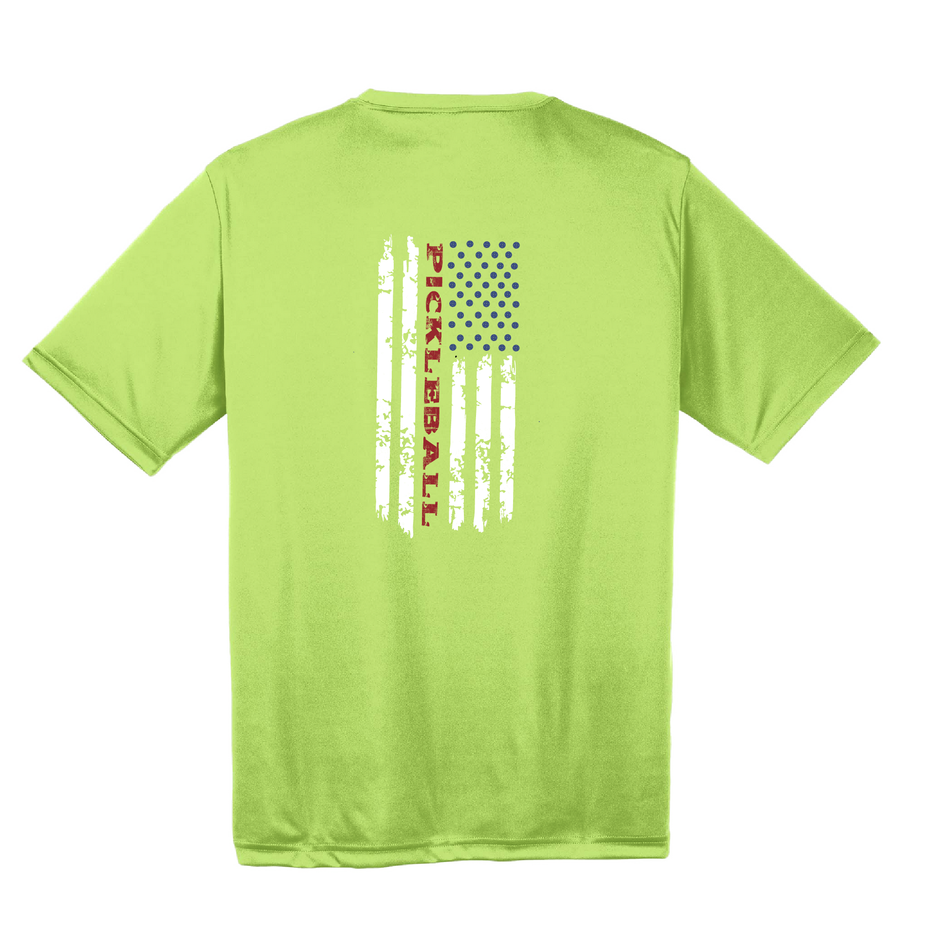 Pickleball Design: Pickleball Vertical Flag on Front or Back Shirt  Men's Styles: Short-Sleeve  Shirts are lightweight, roomy and highly breathable. These moisture-wicking shirts are designed for athletic performance. They feature PosiCharge technology to lock in color and prevent logos from fading. Removable tag and set-in sleeves for comfort.