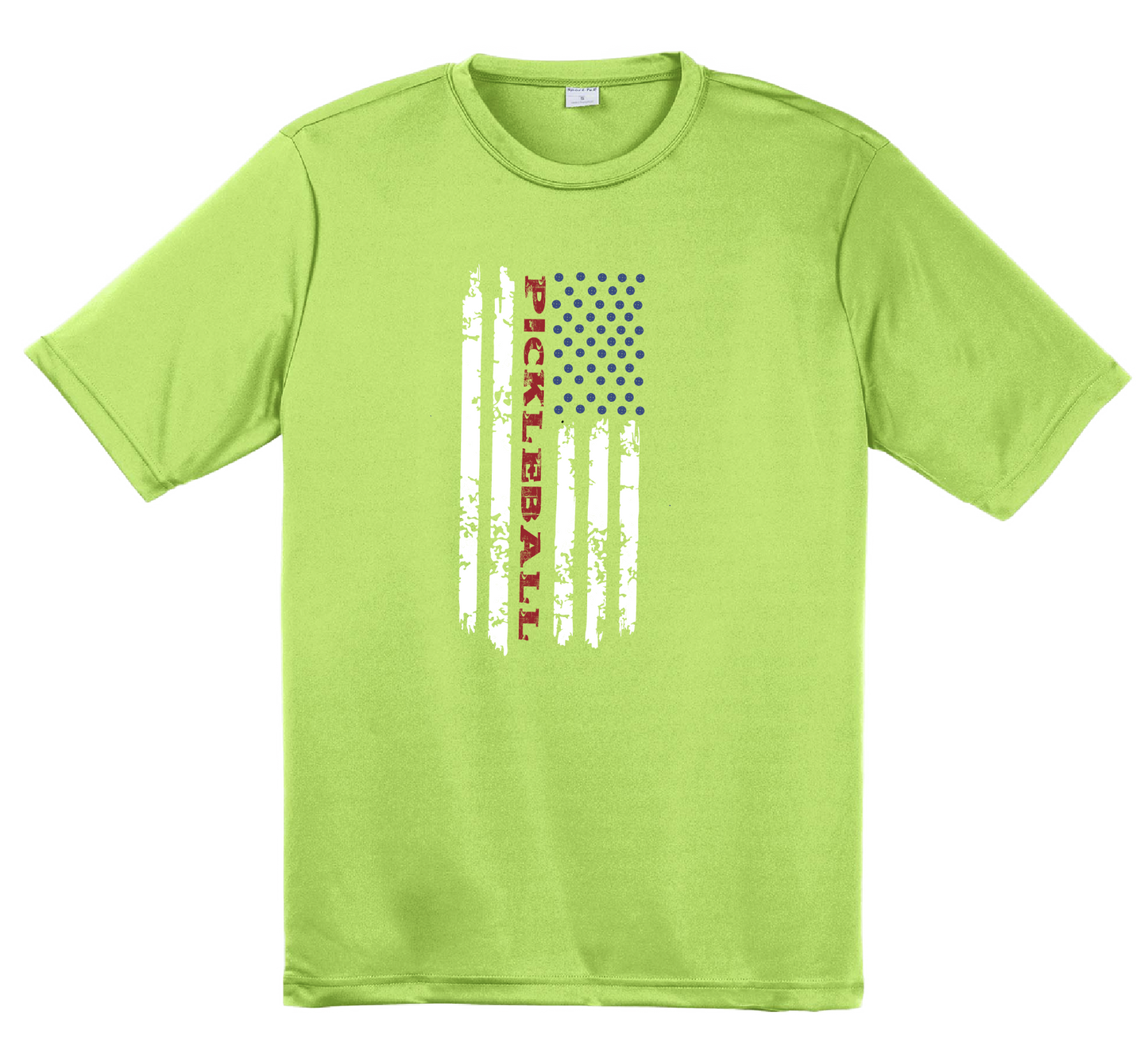 Pickleball Design: Pickleball Vertical Flag on Front or Back Shirt  Men's Styles: Short-Sleeve  Shirts are lightweight, roomy and highly breathable. These moisture-wicking shirts are designed for athletic performance. They feature PosiCharge technology to lock in color and prevent logos from fading. Removable tag and set-in sleeves for comfort.