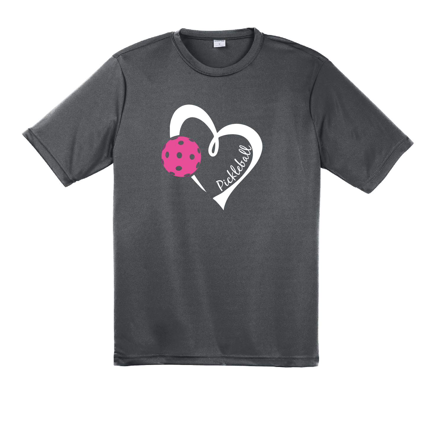 Pickleball Design: Heart with Pickleball  Men's Style: Short Sleeve  Shirts are lightweight, roomy and highly breathable. These moisture-wicking shirts are designed for athletic performance. They feature PosiCharge technology to lock in color and prevent logos from fading. Removable tag and set-in sleeves for comfort.