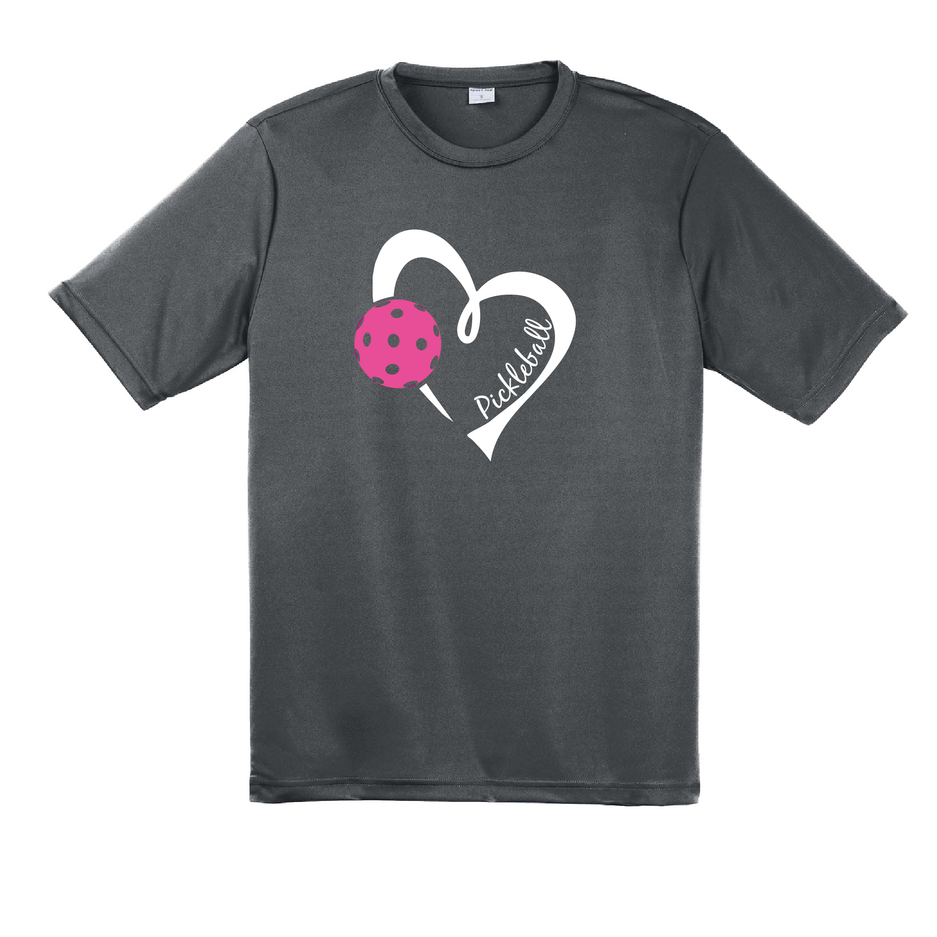 Pickleball Design: Heart with Pickleball  Men's Style: Short Sleeve  Shirts are lightweight, roomy and highly breathable. These moisture-wicking shirts are designed for athletic performance. They feature PosiCharge technology to lock in color and prevent logos from fading. Removable tag and set-in sleeves for comfort.