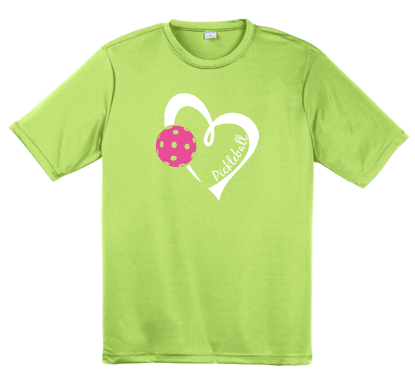 Pickleball Design: Heart with Pickleball  Men's Style: Short Sleeve  Shirts are lightweight, roomy and highly breathable. These moisture-wicking shirts are designed for athletic performance. They feature PosiCharge technology to lock in color and prevent logos from fading. Removable tag and set-in sleeves for comfort.