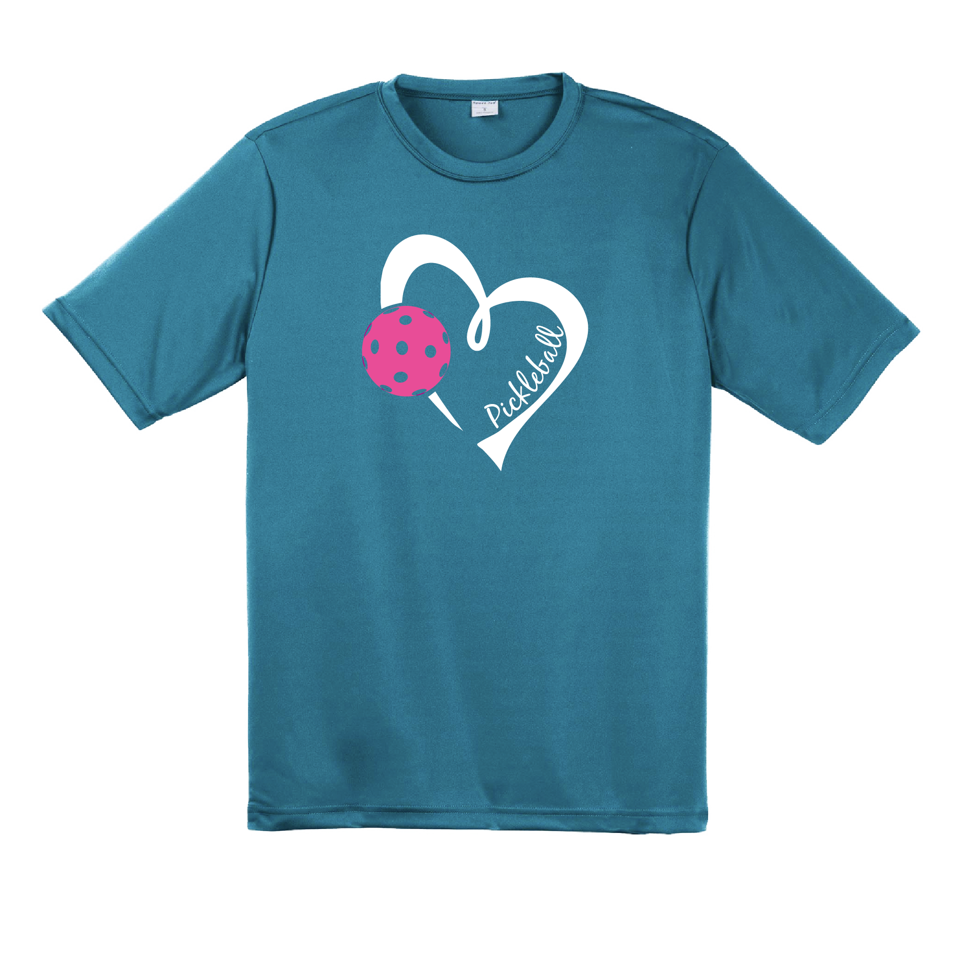 Pickleball Design: Heart with Pickleball  Men's Style: Short Sleeve  Shirts are lightweight, roomy and highly breathable. These moisture-wicking shirts are designed for athletic performance. They feature PosiCharge technology to lock in color and prevent logos from fading. Removable tag and set-in sleeves for comfort.