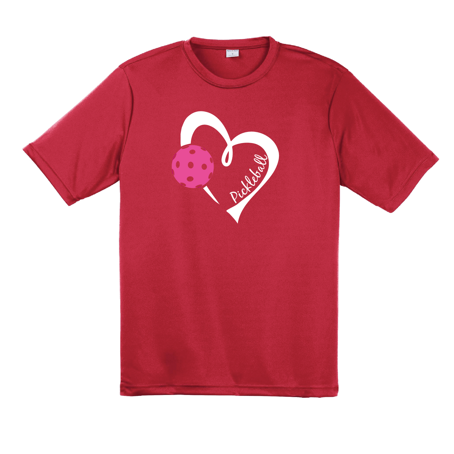 Pickleball Design: Heart with Pickleball  Men's Style: Short Sleeve  Shirts are lightweight, roomy and highly breathable. These moisture-wicking shirts are designed for athletic performance. They feature PosiCharge technology to lock in color and prevent logos from fading. Removable tag and set-in sleeves for comfort.