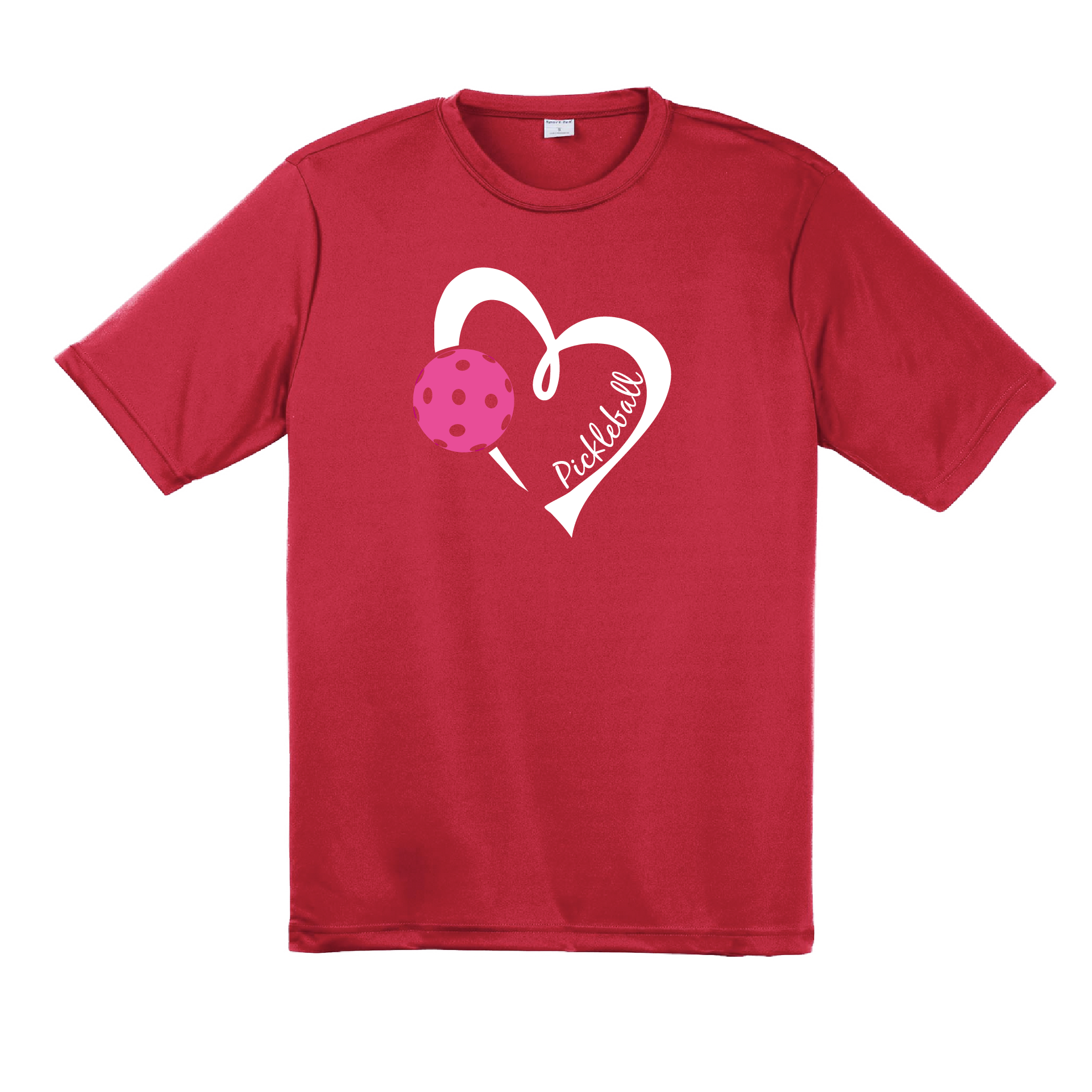 Pickleball Design: Heart with Pickleball  Men's Style: Short Sleeve  Shirts are lightweight, roomy and highly breathable. These moisture-wicking shirts are designed for athletic performance. They feature PosiCharge technology to lock in color and prevent logos from fading. Removable tag and set-in sleeves for comfort.