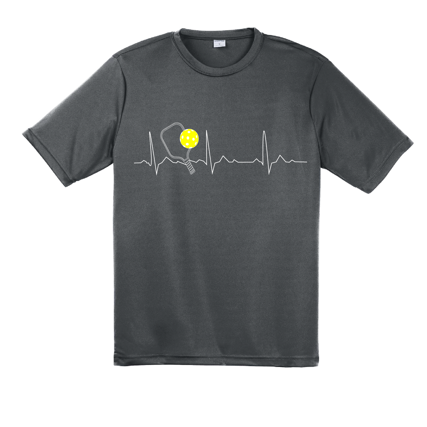 Pickleball Design: Heartbeat  Men's Style: Short Sleeve  Shirts are lightweight, roomy and highly breathable. These moisture-wicking shirts are designed for athletic performance. They feature PosiCharge technology to lock in color and prevent logos from fading. Removable tag and set-in sleeves for comfort.