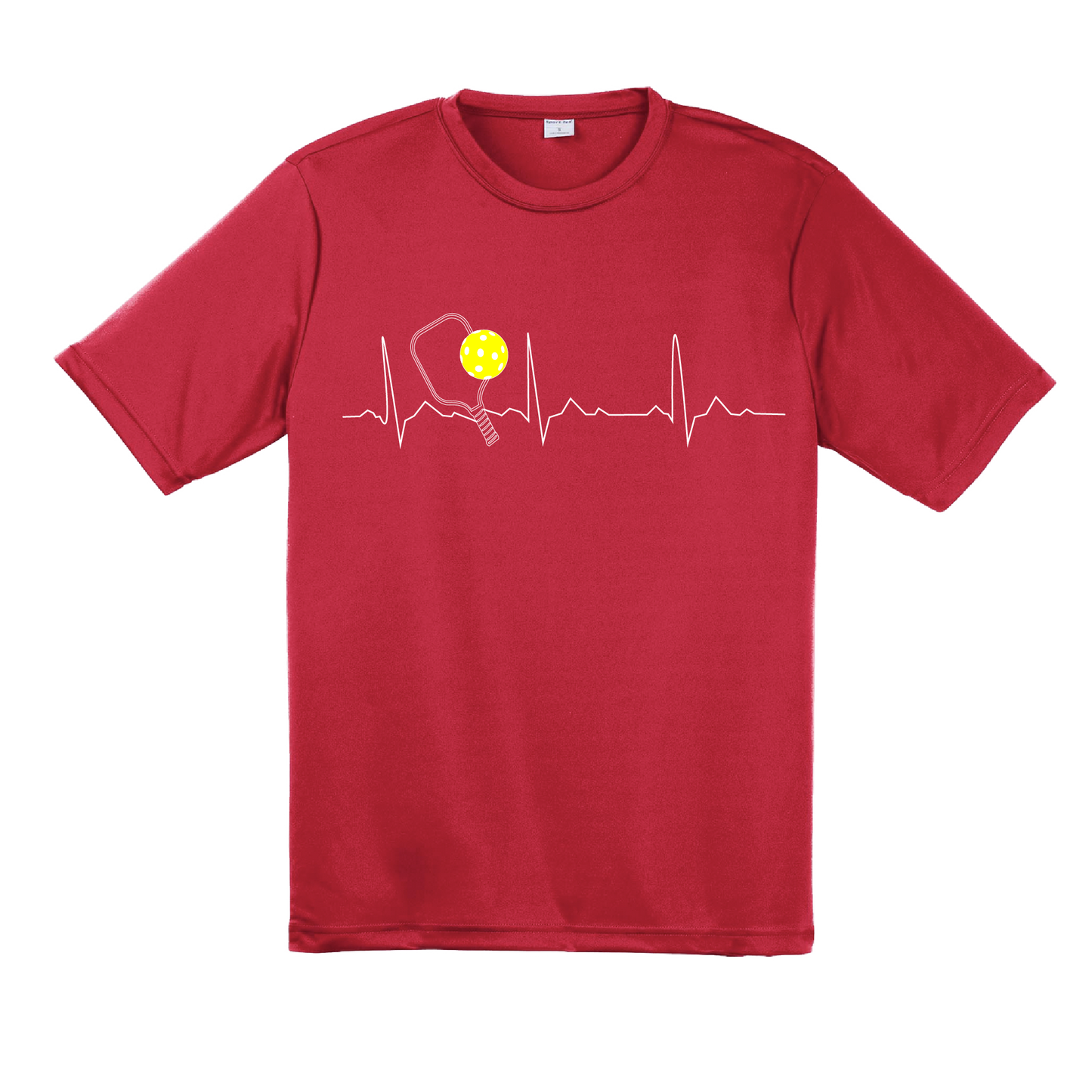 Pickleball Design: Heartbeat  Men's Style: Short Sleeve  Shirts are lightweight, roomy and highly breathable. These moisture-wicking shirts are designed for athletic performance. They feature PosiCharge technology to lock in color and prevent logos from fading. Removable tag and set-in sleeves for comfort.