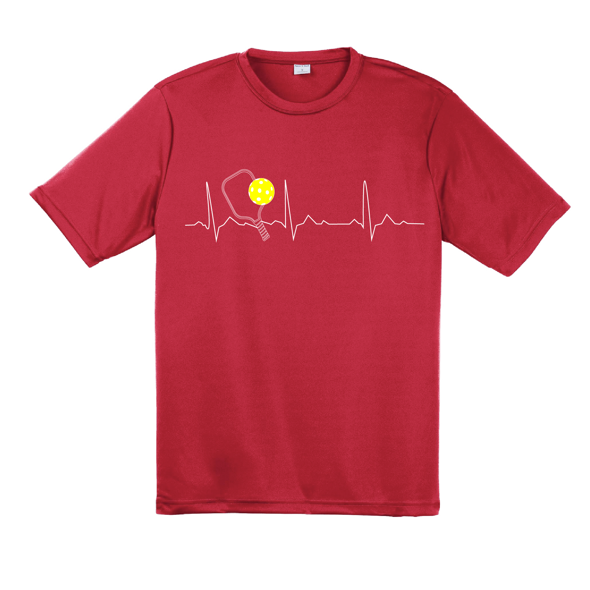 Pickleball Design: Heartbeat  Men's Style: Short Sleeve  Shirts are lightweight, roomy and highly breathable. These moisture-wicking shirts are designed for athletic performance. They feature PosiCharge technology to lock in color and prevent logos from fading. Removable tag and set-in sleeves for comfort.