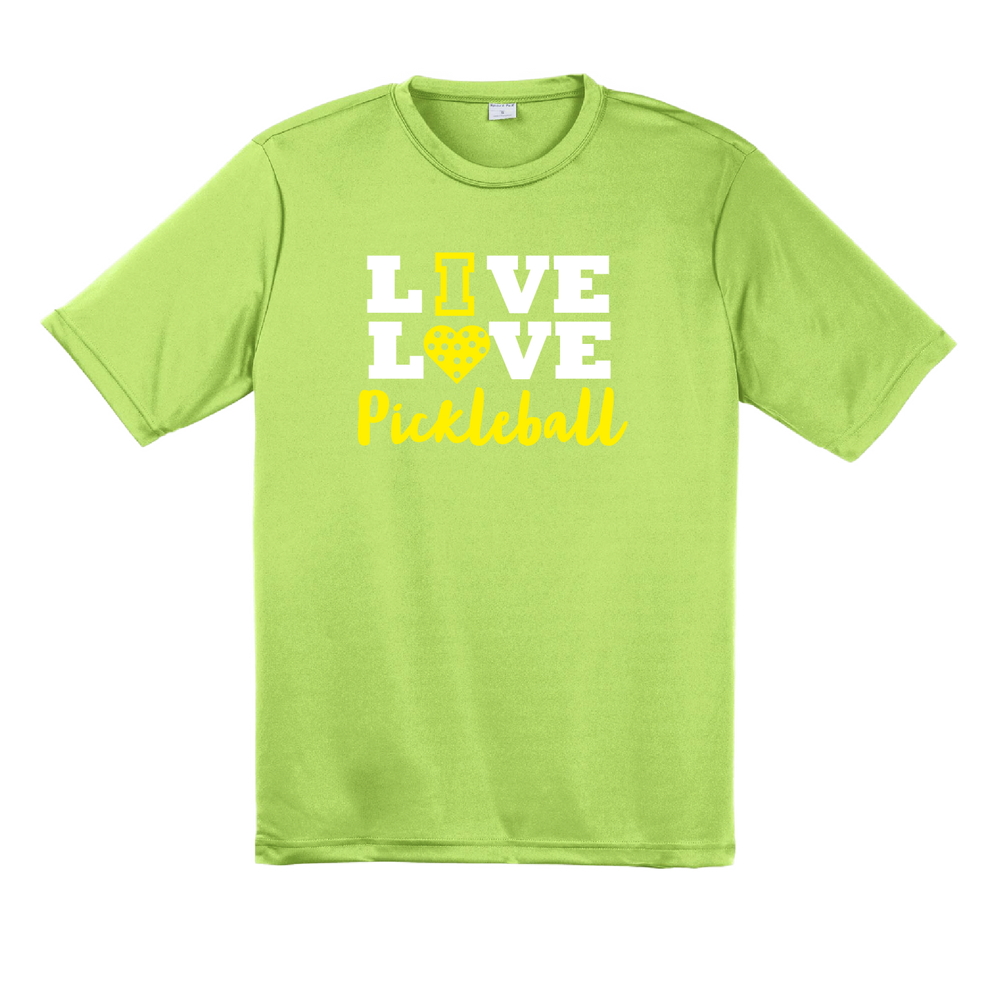 Pickleball Design: Live Love Pickleball  Men's Style: Short Sleeve  Shirts are lightweight, roomy and highly breathable. These moisture-wicking shirts are designed for athletic performance. They feature PosiCharge technology to lock in color and prevent logos from fading. Removable tag and set-in sleeves for comfort.