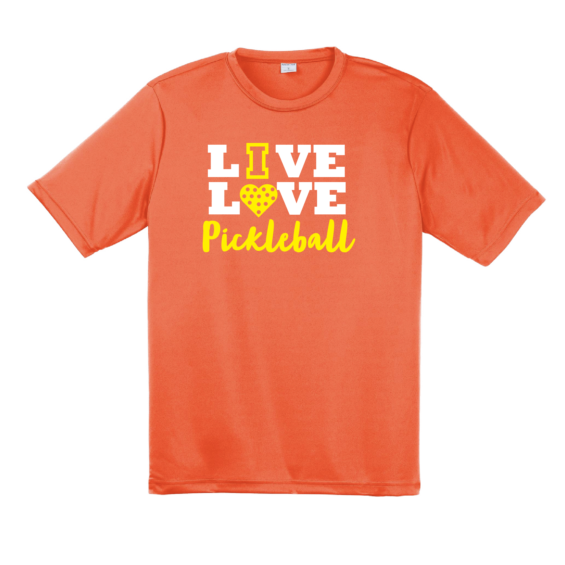Pickleball Design: Live Love Pickleball  Men's Style: Short Sleeve  Shirts are lightweight, roomy and highly breathable. These moisture-wicking shirts are designed for athletic performance. They feature PosiCharge technology to lock in color and prevent logos from fading. Removable tag and set-in sleeves for comfort.