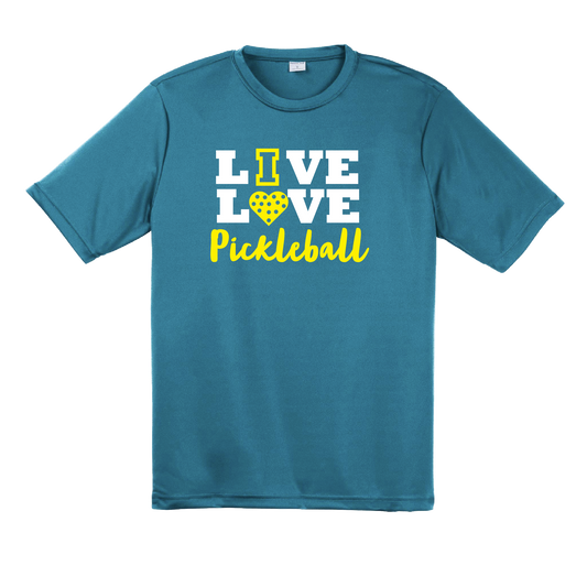 Pickleball Design: Live Love Pickleball  Men's Style: Short Sleeve  Shirts are lightweight, roomy and highly breathable. These moisture-wicking shirts are designed for athletic performance. They feature PosiCharge technology to lock in color and prevent logos from fading. Removable tag and set-in sleeves for comfort.