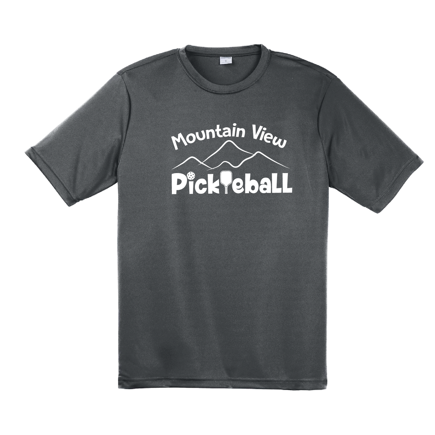 Pickleball Design: Mountain View Pickleball Club  Men's Styles: Short-Sleeve  Turn up the volume in this Men's shirt with its perfect mix of softness and attitude. Material is ultra-comfortable with moisture wicking properties and tri-blend softness. PosiCharge technology locks in color. Highly breathable and lightweight.