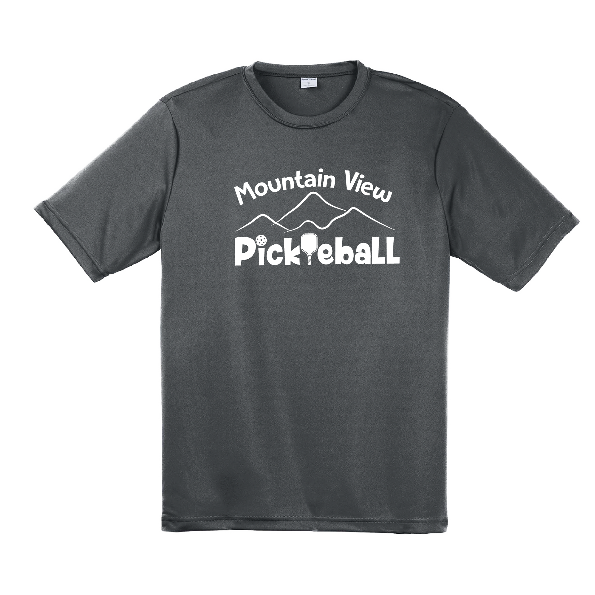 Pickleball Design: Mountain View Pickleball Club  Men's Styles: Short-Sleeve  Turn up the volume in this Men's shirt with its perfect mix of softness and attitude. Material is ultra-comfortable with moisture wicking properties and tri-blend softness. PosiCharge technology locks in color. Highly breathable and lightweight.