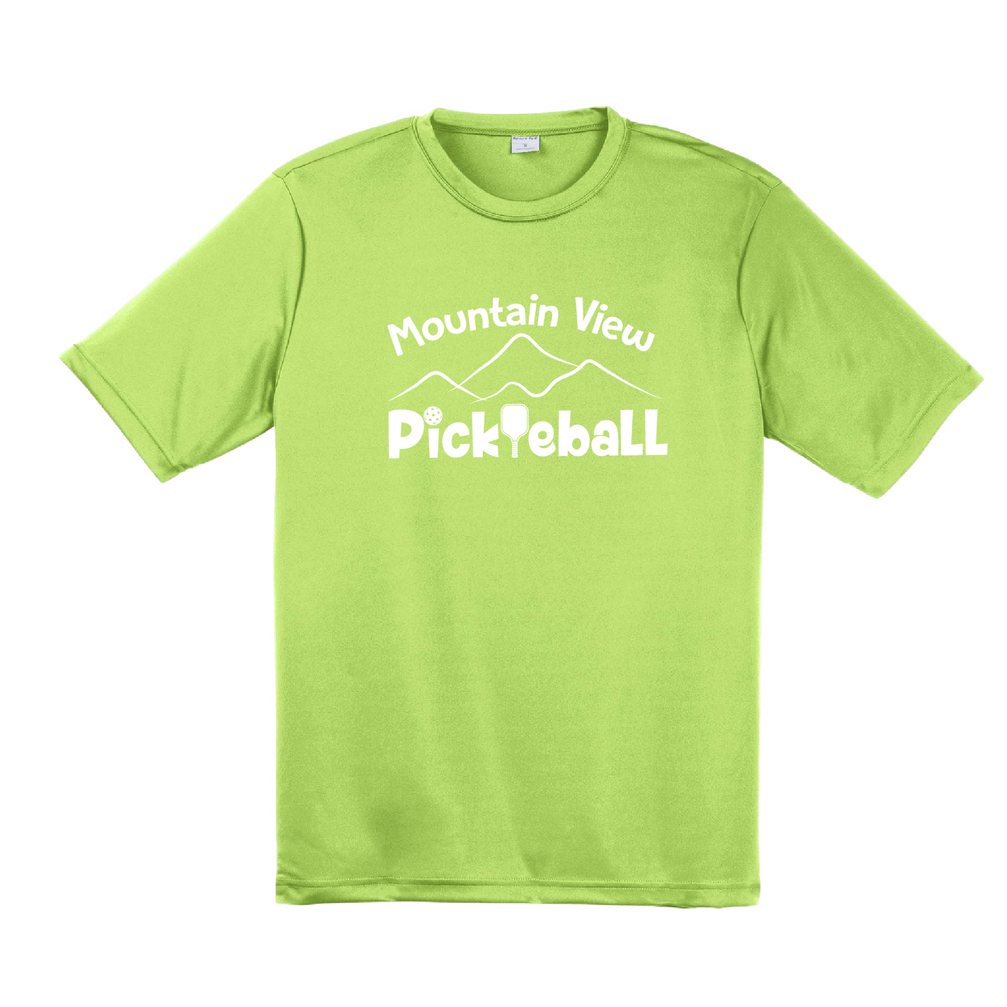 Pickleball Design: Mountain View Pickleball Club  Men's Styles: Short-Sleeve  Turn up the volume in this Men's shirt with its perfect mix of softness and attitude. Material is ultra-comfortable with moisture wicking properties and tri-blend softness. PosiCharge technology locks in color. Highly breathable and lightweight.