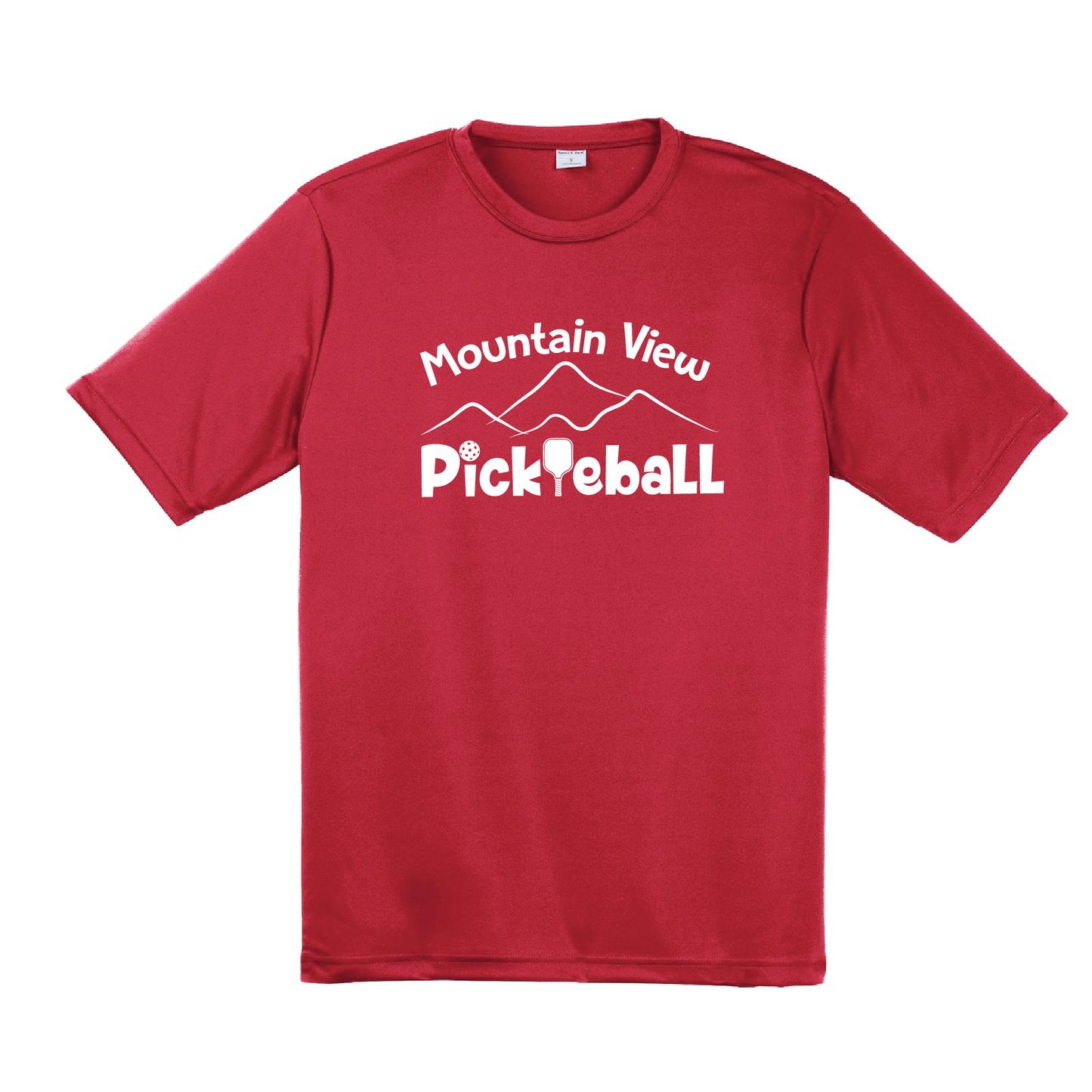 Pickleball Design: Mountain View Pickleball Club  Men's Styles: Short-Sleeve  Turn up the volume in this Men's shirt with its perfect mix of softness and attitude. Material is ultra-comfortable with moisture wicking properties and tri-blend softness. PosiCharge technology locks in color. Highly breathable and lightweight.