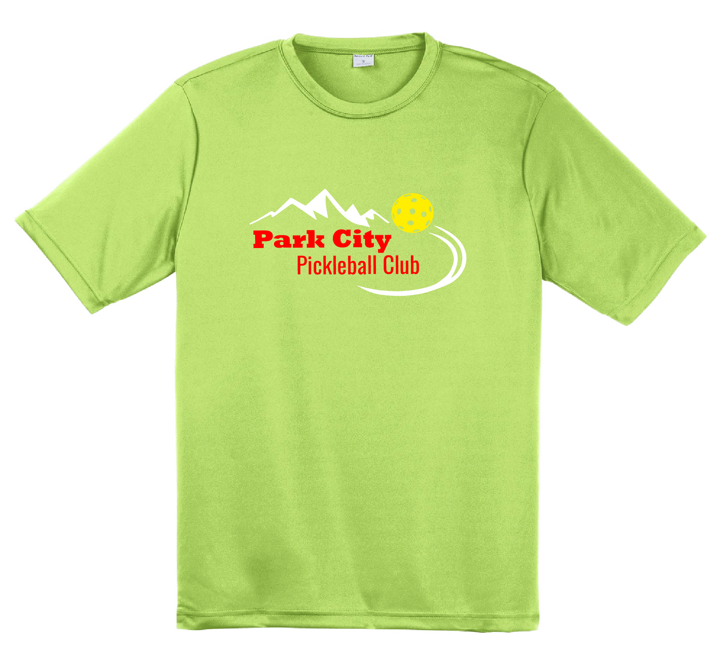 Pickleball Design: Park City Pickleball Club (red words)  Men's Style: Short Sleeved   Shirts are lightweight, roomy and highly breathable. These moisture-wicking shirts are designed for athletic performance. They feature PosiCharge technology to lock in color and prevent logos from fading. Removable tag and set-in sleeves for comfort.