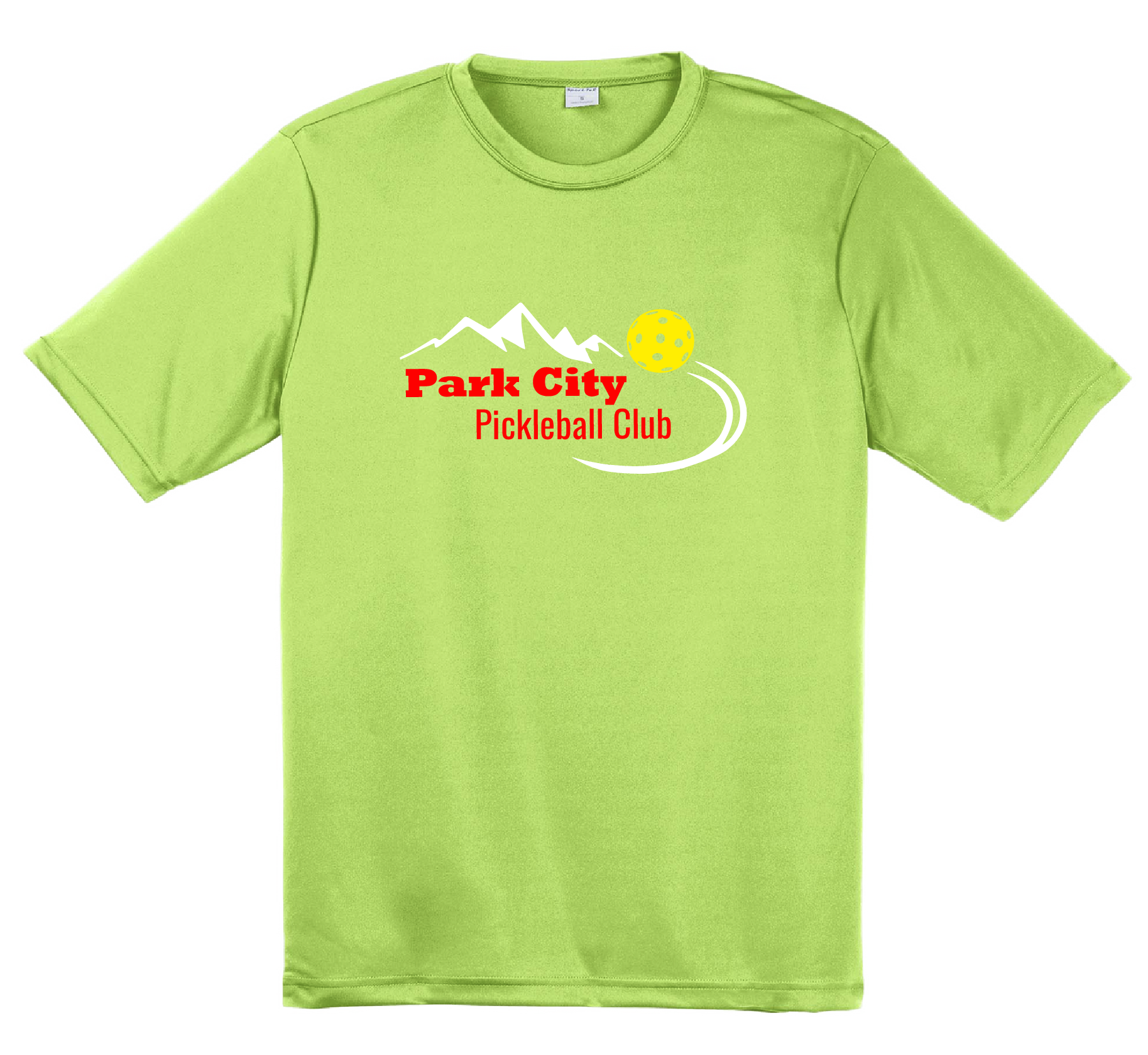 Pickleball Design: Park City Pickleball Club (red words)  Men's Style: Short Sleeved   Shirts are lightweight, roomy and highly breathable. These moisture-wicking shirts are designed for athletic performance. They feature PosiCharge technology to lock in color and prevent logos from fading. Removable tag and set-in sleeves for comfort.