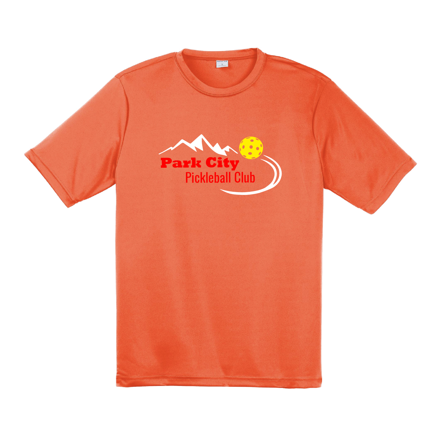 Pickleball Design: Park City Pickleball Club (red words)  Men's Style: Short Sleeved   Shirts are lightweight, roomy and highly breathable. These moisture-wicking shirts are designed for athletic performance. They feature PosiCharge technology to lock in color and prevent logos from fading. Removable tag and set-in sleeves for comfort.