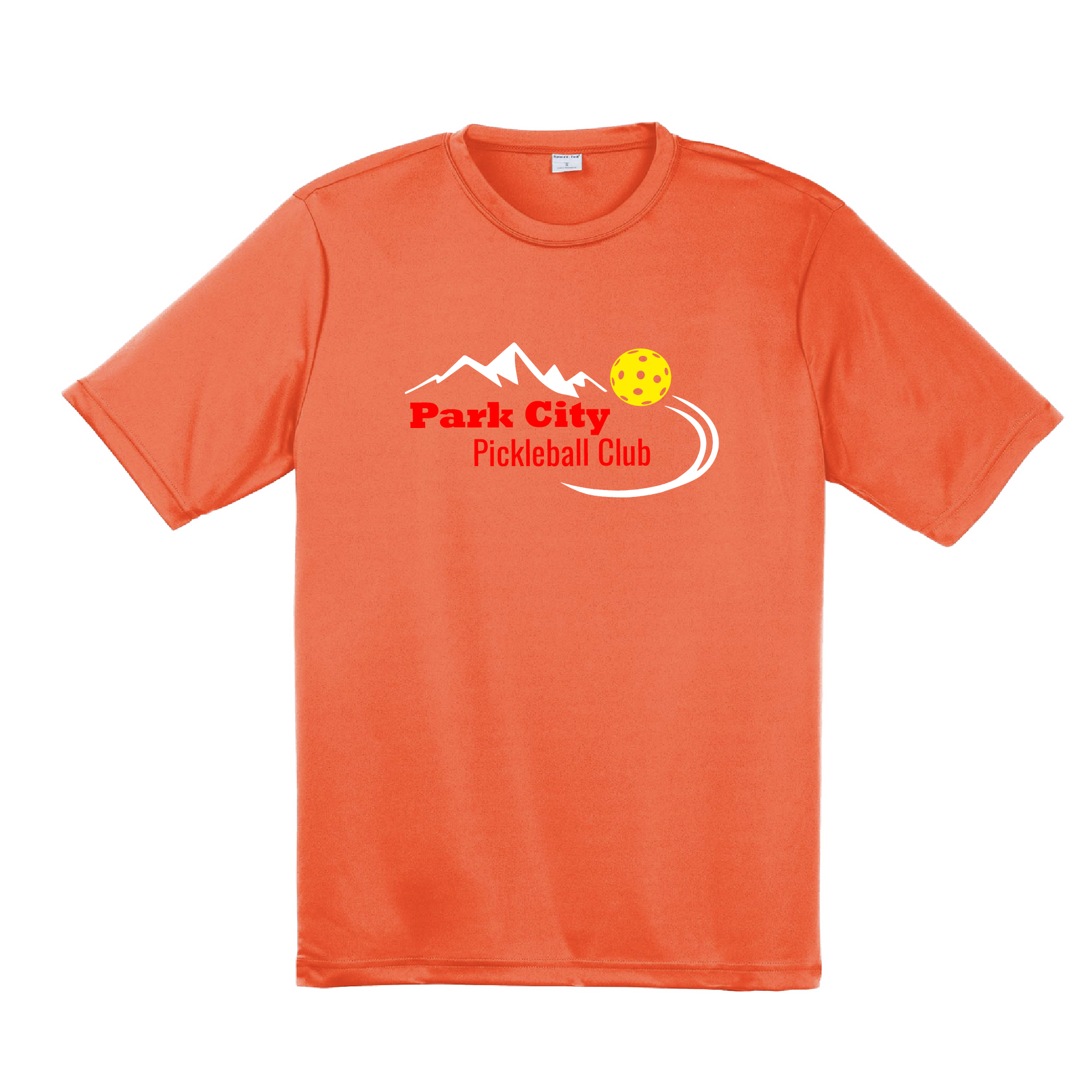 Pickleball Design: Park City Pickleball Club (red words)  Men's Style: Short Sleeved   Shirts are lightweight, roomy and highly breathable. These moisture-wicking shirts are designed for athletic performance. They feature PosiCharge technology to lock in color and prevent logos from fading. Removable tag and set-in sleeves for comfort.