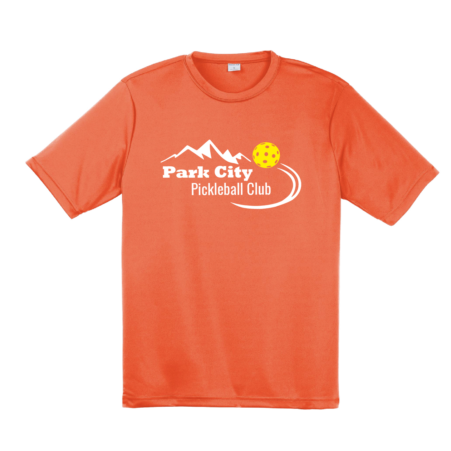 Pickleball Design: Park City Pickleball Club (white words)  Men's Style: Short Sleeved   Shirts are lightweight, roomy and highly breathable. These moisture-wicking shirts are designed for athletic performance. They feature PosiCharge technology to lock in color and prevent logos from fading. Removable tag and set-in sleeves for comfort.