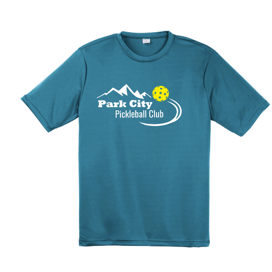 Pickleball Design: Park City Pickleball Club (white words)  Men's Style: Short Sleeved   Shirts are lightweight, roomy and highly breathable. These moisture-wicking shirts are designed for athletic performance. They feature PosiCharge technology to lock in color and prevent logos from fading. Removable tag and set-in sleeves for comfort.