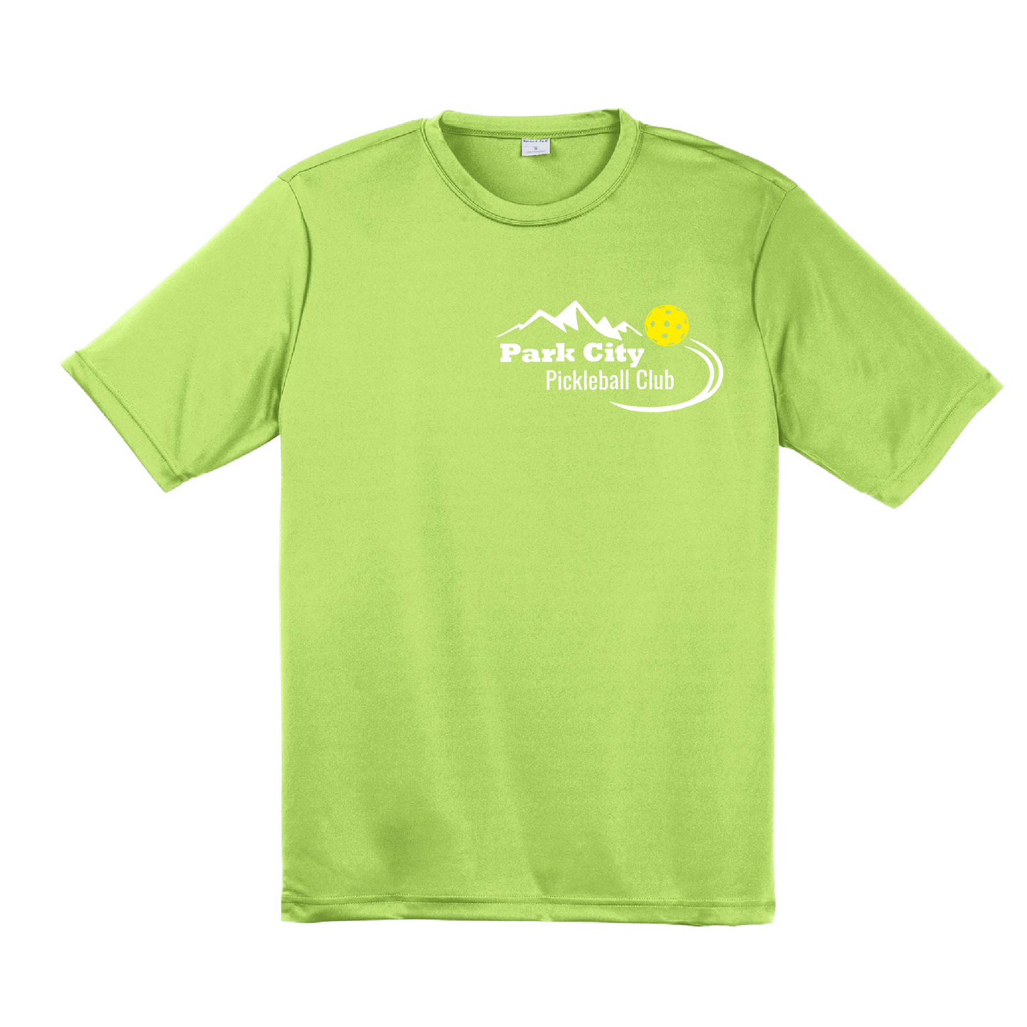 Pickleball Design: Park City Pickleball Club (white words)  Men's Style: Short Sleeved   Shirts are lightweight, roomy and highly breathable. These moisture-wicking shirts are designed for athletic performance. They feature PosiCharge technology to lock in color and prevent logos from fading. Removable tag and set-in sleeves for comfort.