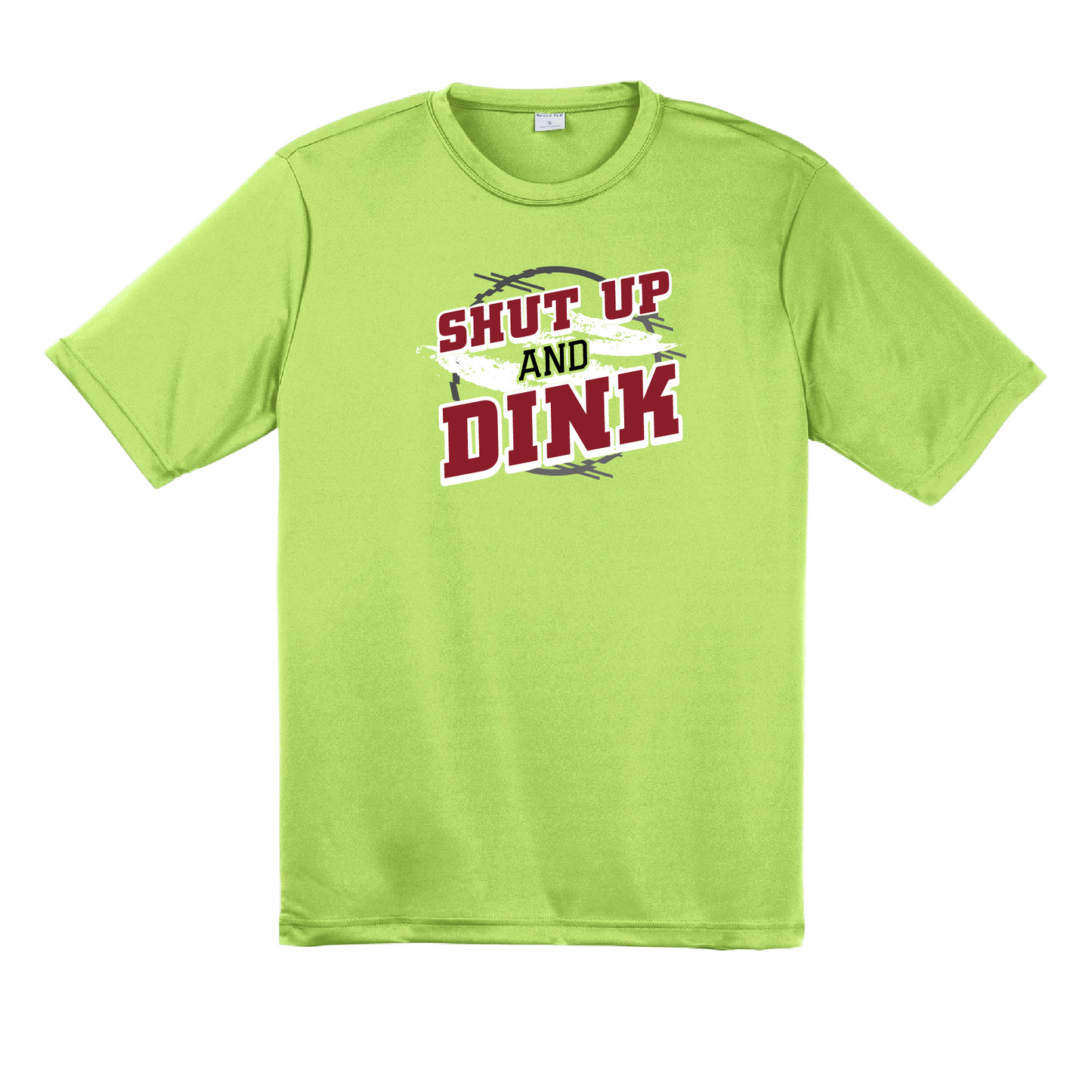Pickleball Design: Shut up and Dink  Men's Styles: Short-Sleeve  Shirts are lightweight, roomy and highly breathable. These moisture-wicking shirts are designed for athletic performance. They feature PosiCharge technology to lock in color and prevent logos from fading. Removable tag and set-in sleeves for comfort.