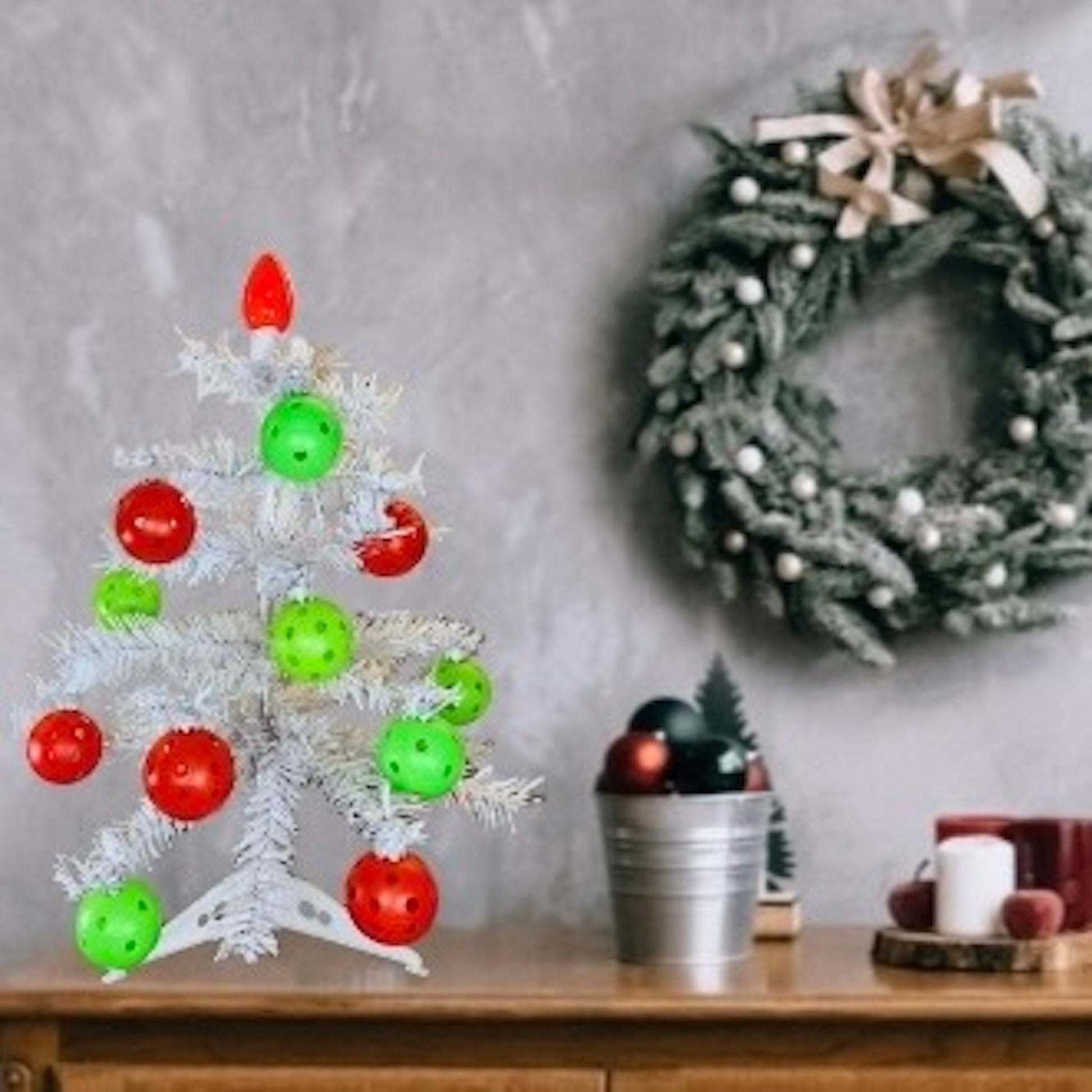 Mini White Christmas Tree With 24 Mini Pickleball Ornaments | Pickleball Christmas Gifts And Decor