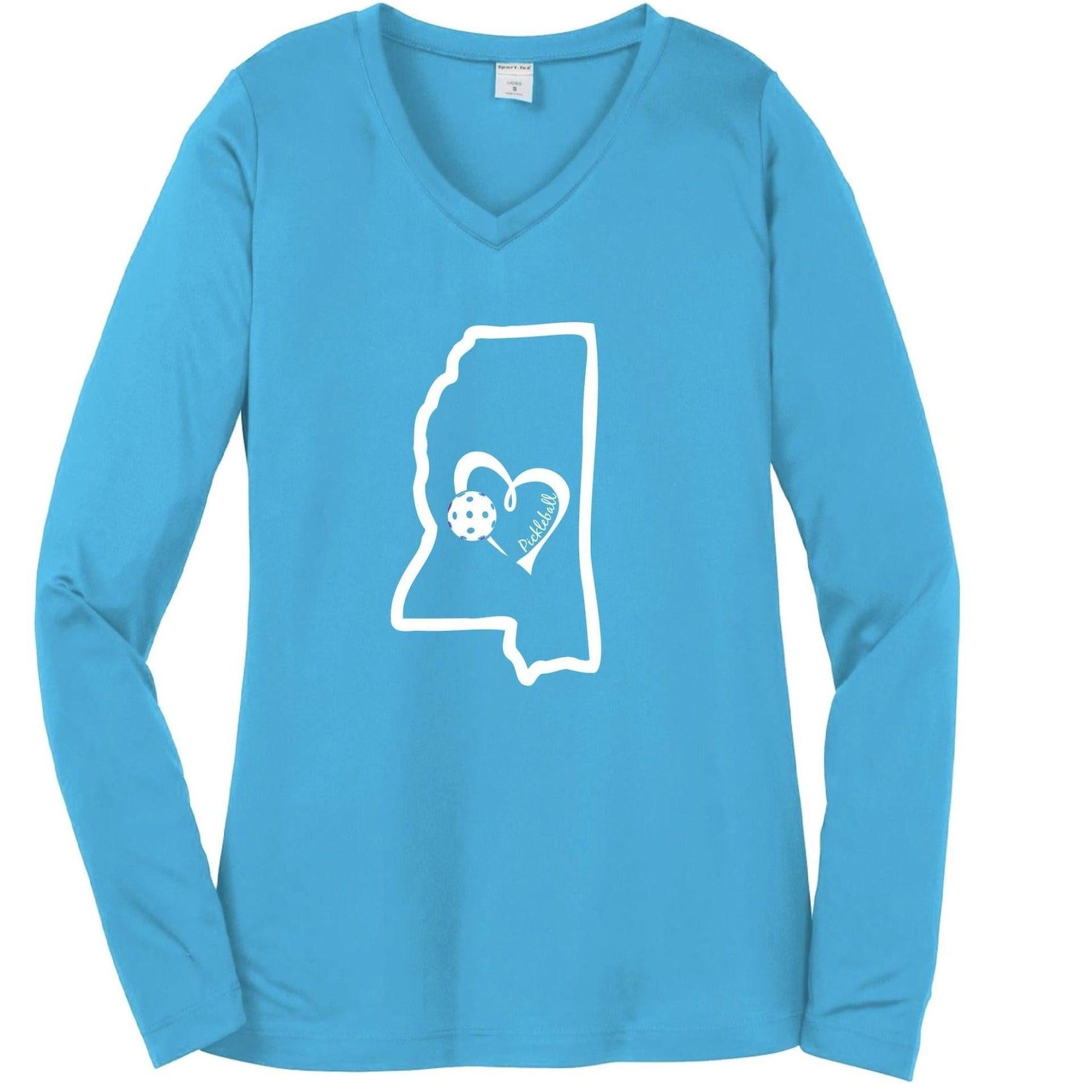 Mississippi State With Pickleball Love | Women's Long Sleeve V-Neck Pickleball Performance T-Shirts | 100% Polyester