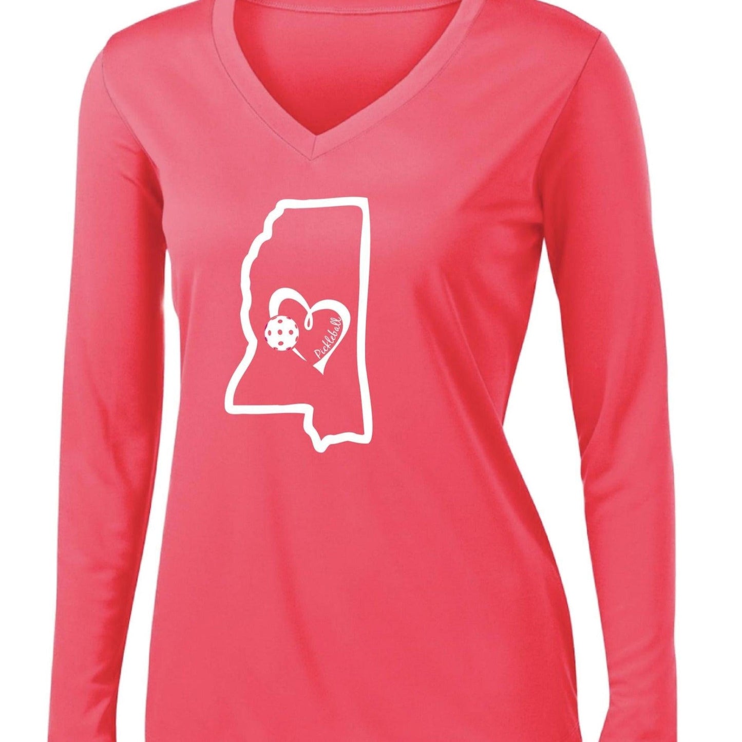 Mississippi State With Pickleball Love | Women's Long Sleeve V-Neck Pickleball Performance T-Shirts | 100% Polyester