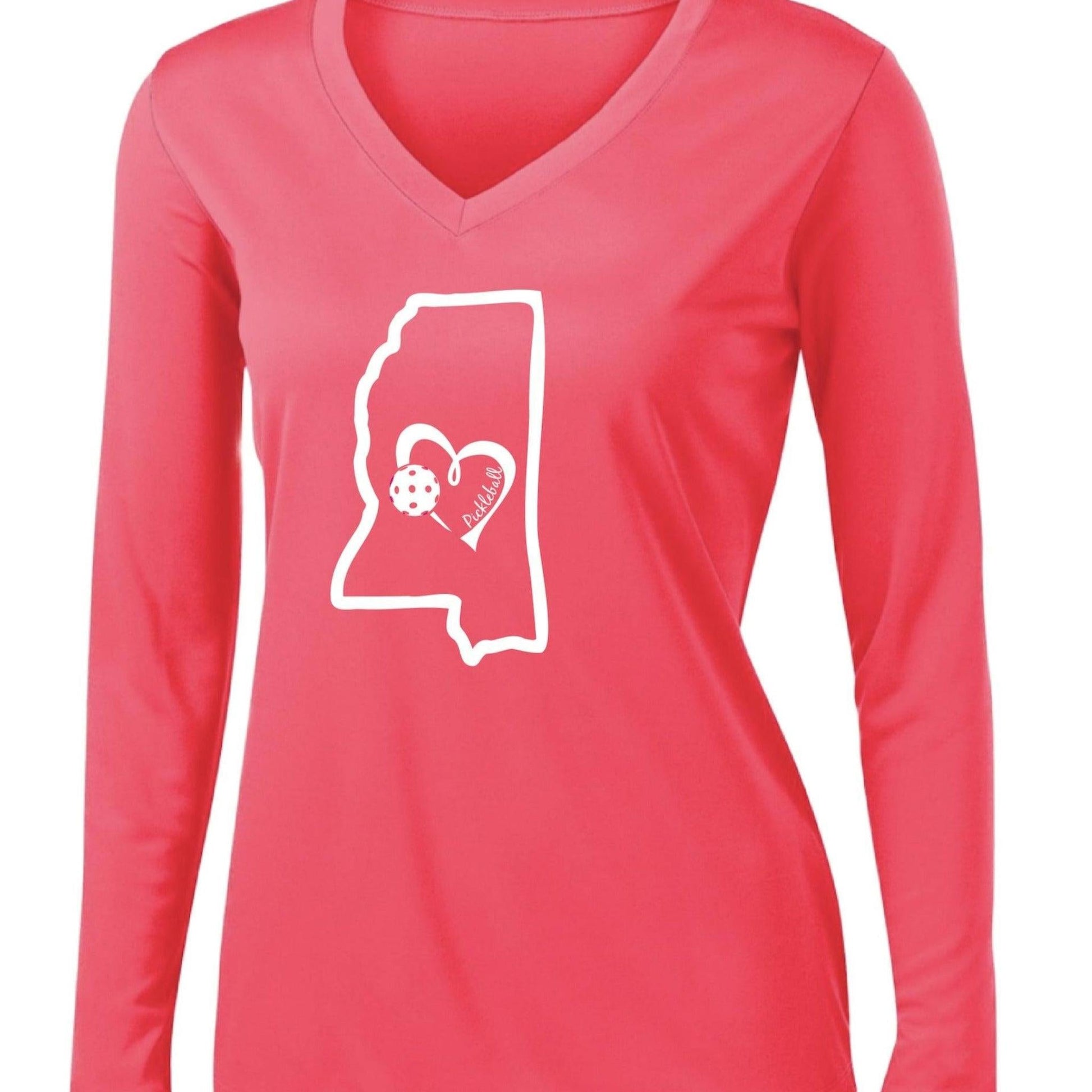 Mississippi State With Pickleball Love | Women's Long Sleeve V-Neck Pickleball Performance T-Shirts | 100% Polyester