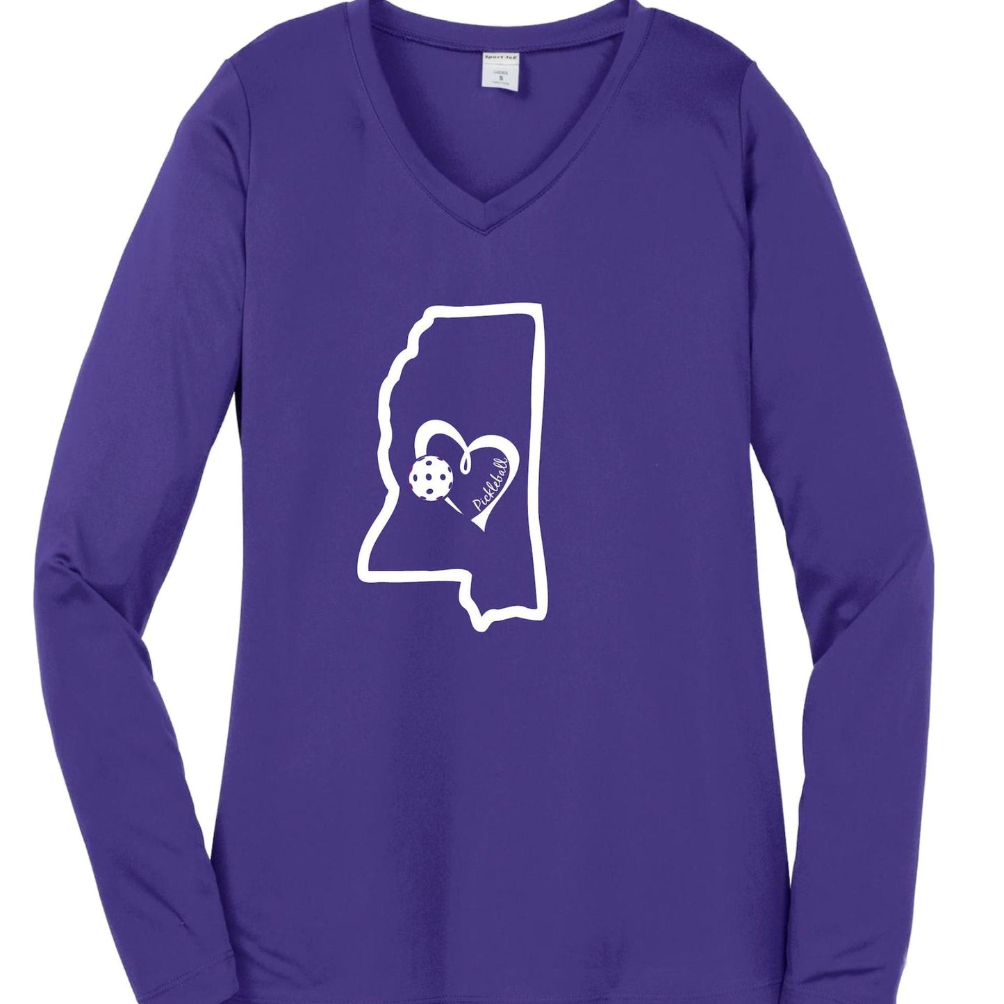 Mississippi State With Pickleball Love | Women's Long Sleeve V-Neck Pickleball Performance T-Shirts | 100% Polyester