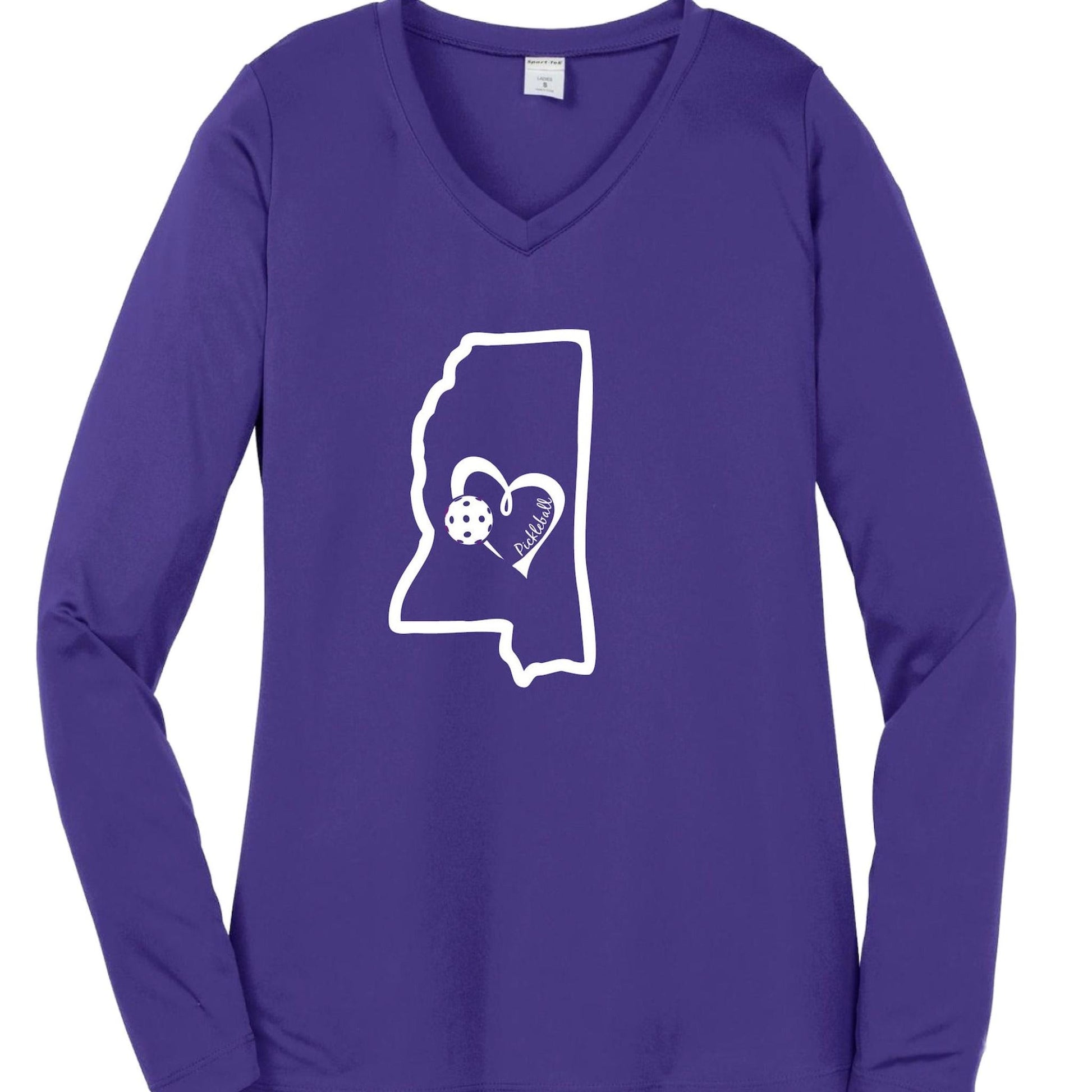 Mississippi State With Pickleball Love | Women's Long Sleeve V-Neck Pickleball Performance T-Shirts | 100% Polyester