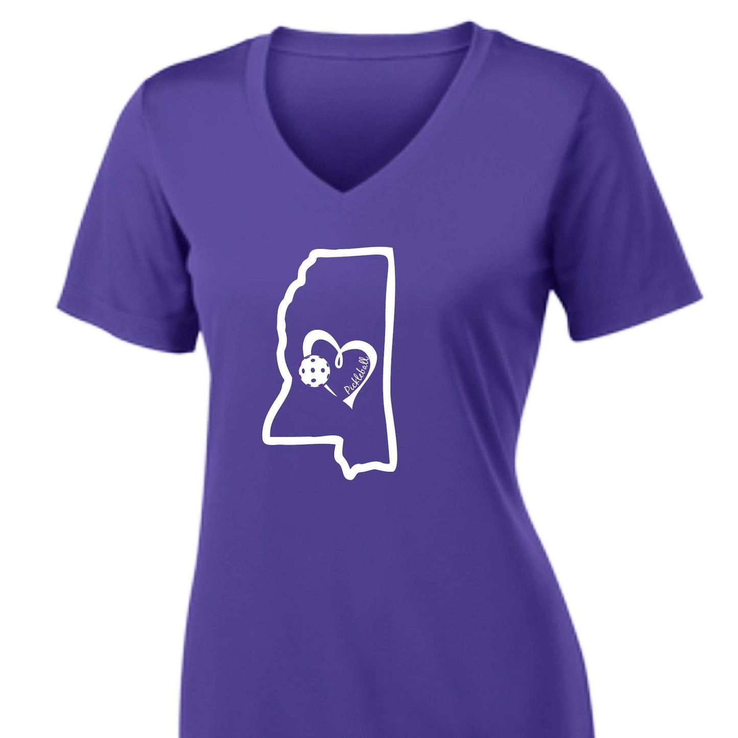 Mississippi State With Pickleball Love | Women's Short Sleeve V-Neck Pickleball Performance T-Shirts | 100% Polyester