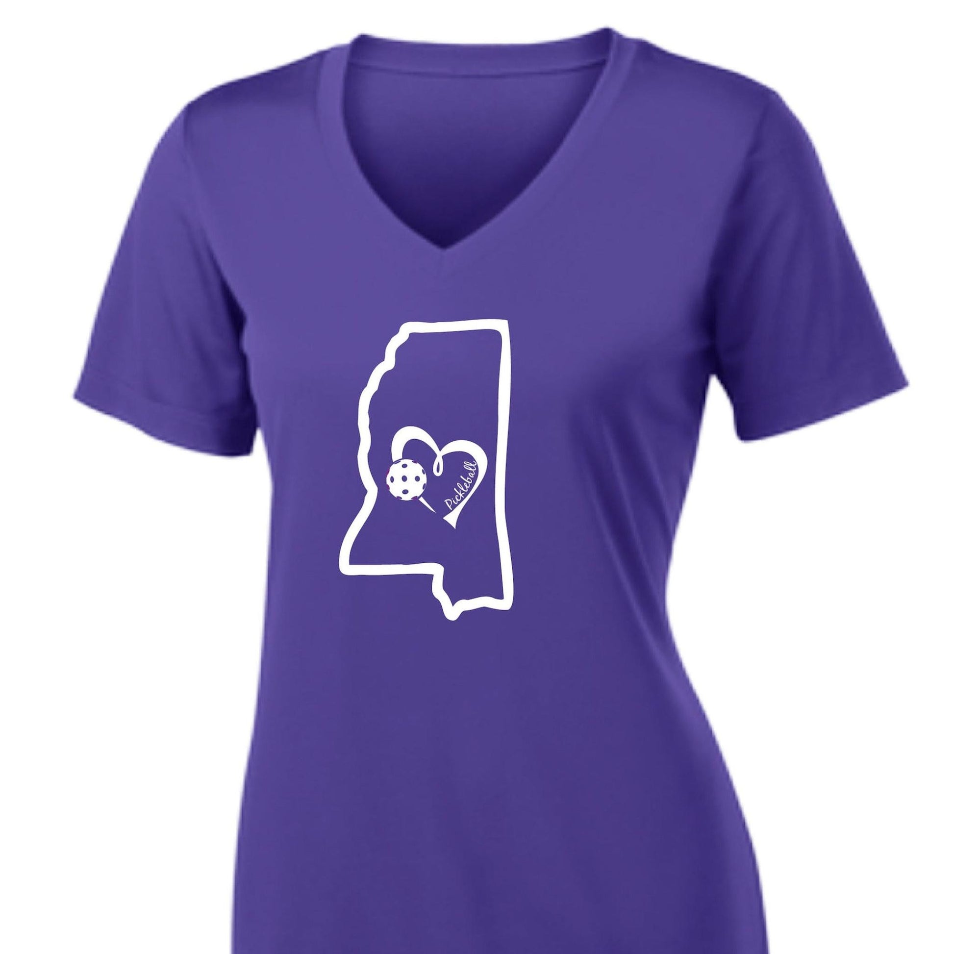 Mississippi State With Pickleball Love | Women's Short Sleeve V-Neck Pickleball Performance T-Shirts | 100% Polyester