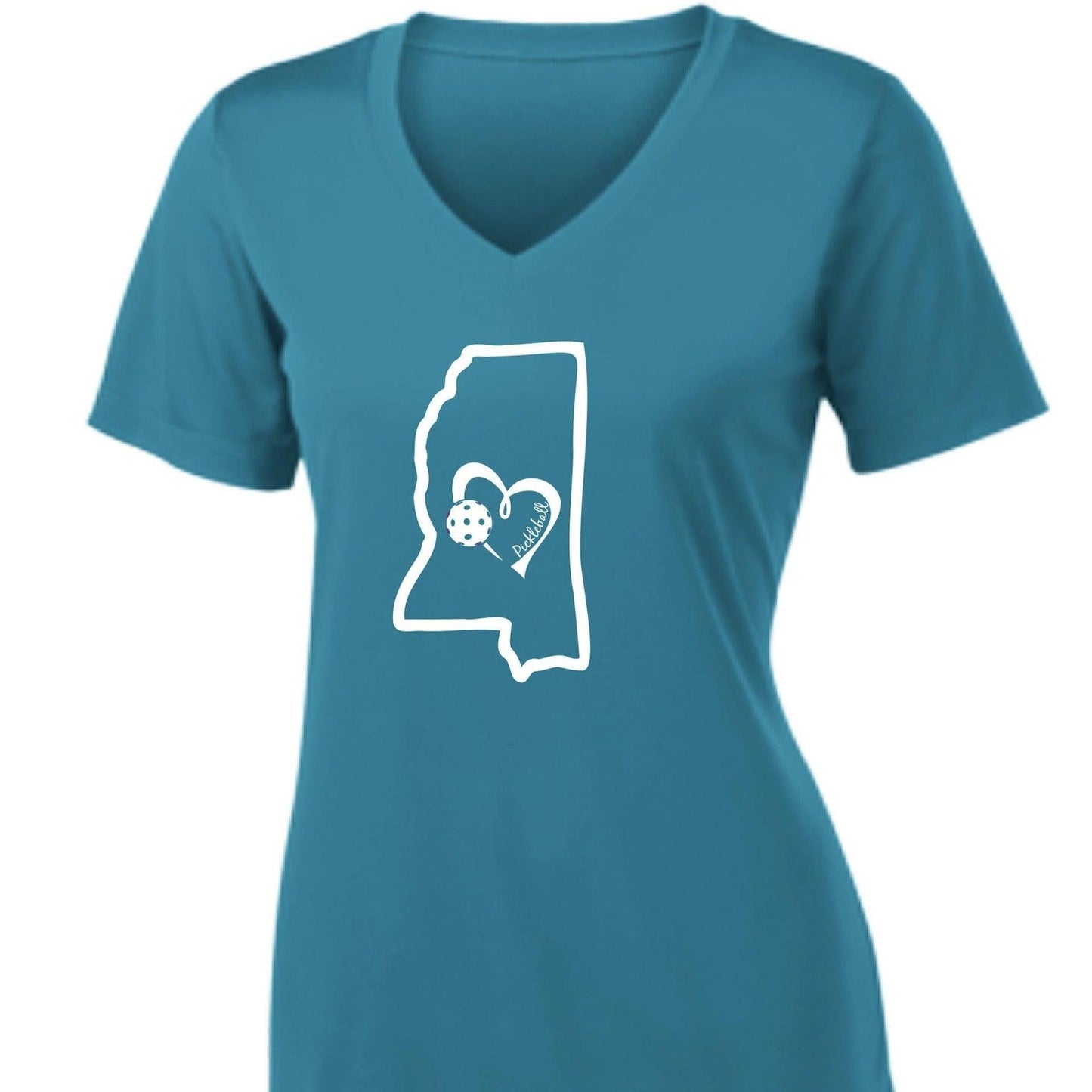 Mississippi State With Pickleball Love | Women's Short Sleeve V-Neck Pickleball Performance T-Shirts | 100% Polyester
