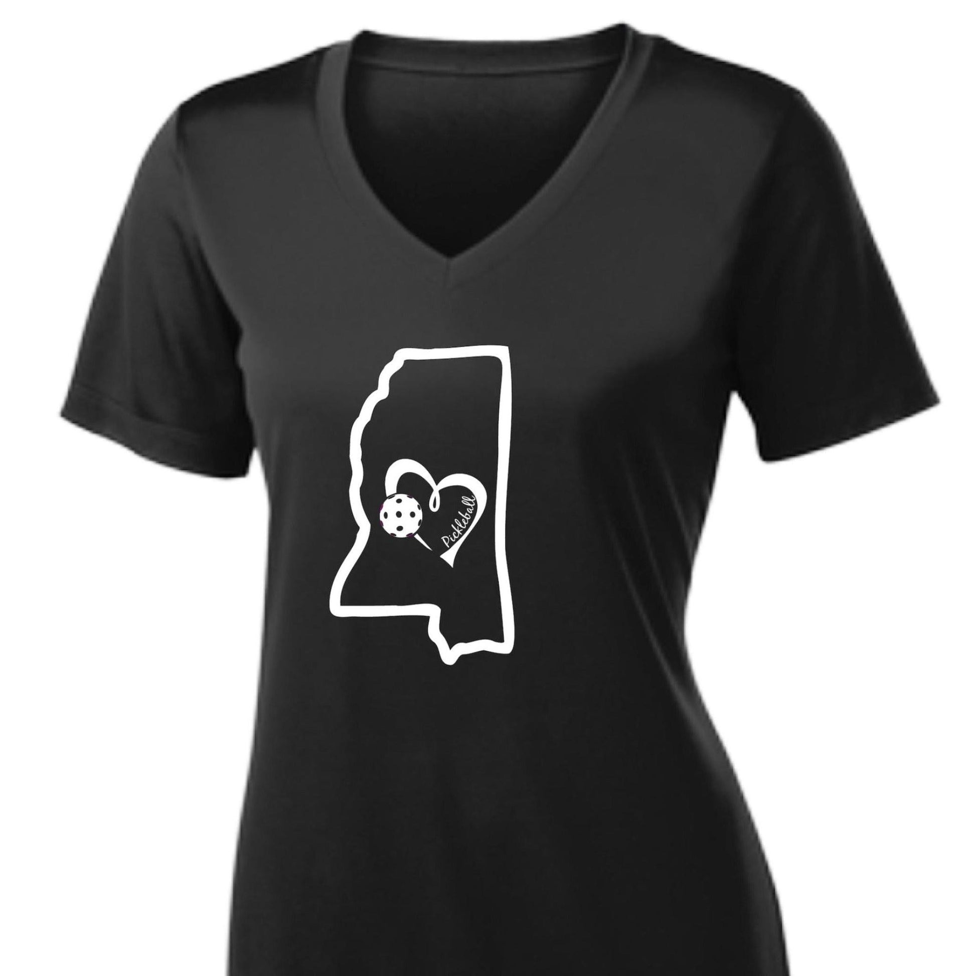 Mississippi State With Pickleball Love | Women's Short Sleeve V-Neck Pickleball Performance T-Shirts | 100% Polyester