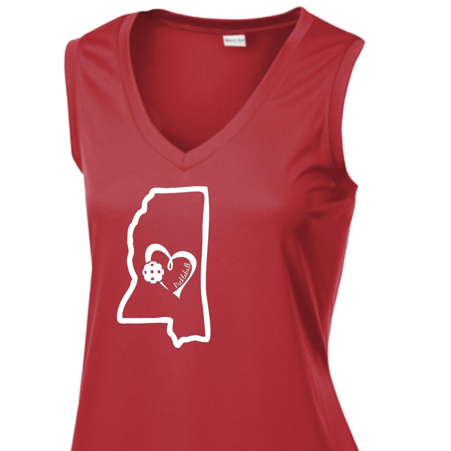 Mississippi State With Pickleball Love | Women’s Sleeveless Athletic Performance T-Shirt | 100% Polyester