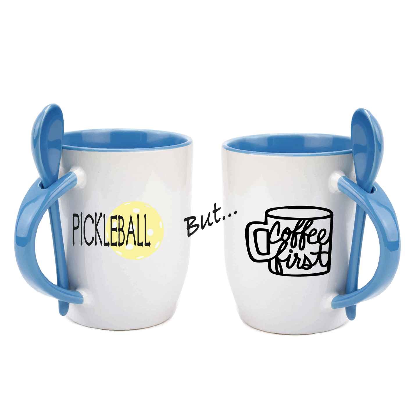 Pickleball Coffee Mug Design: Pickleball but... Coffee First  Start you day out right with these super cute and funny coffee mugs for pickleball lovers!! Designs are printed around the whole mug.  These are a high-quality 12 oz, ceramic mug. Color choices include Blue, Yellow, Red, and Green. For the longevity of the mug, hand wash only.