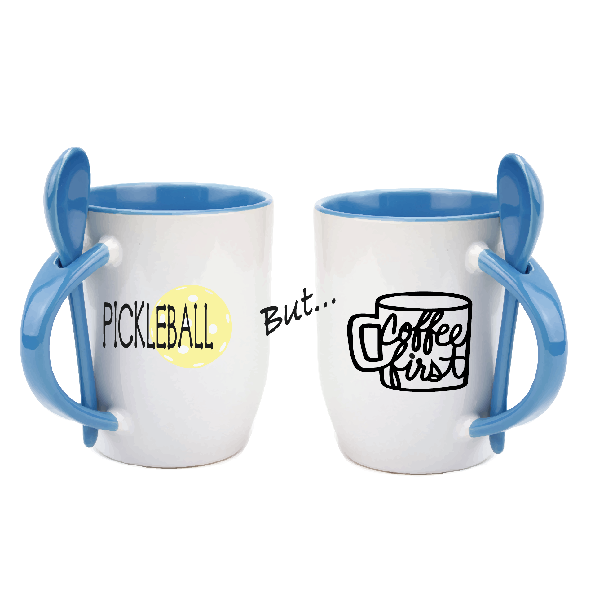 Pickleball Coffee Mug Design: Pickleball but... Coffee First  Start you day out right with these super cute and funny coffee mugs for pickleball lovers!! Designs are printed around the whole mug.  These are a high-quality 12 oz, ceramic mug. Color choices include Blue, Yellow, Red, and Green. For the longevity of the mug, hand wash only.