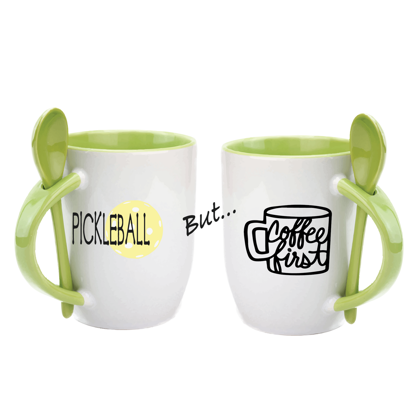 Pickleball Coffee Mug Design: Pickleball but... Coffee First  Start you day out right with these super cute and funny coffee mugs for pickleball lovers!! Designs are printed around the whole mug.  These are a high-quality 12 oz, ceramic mug. Color choices include Blue, Yellow, Red, and Green. For the longevity of the mug, hand wash only.