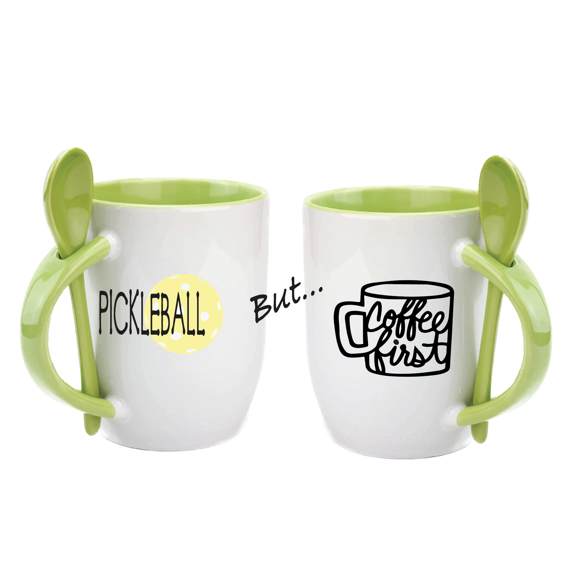 Pickleball Coffee Mug Design: Pickleball but... Coffee First  Start you day out right with these super cute and funny coffee mugs for pickleball lovers!! Designs are printed around the whole mug.  These are a high-quality 12 oz, ceramic mug. Color choices include Blue, Yellow, Red, and Green. For the longevity of the mug, hand wash only.