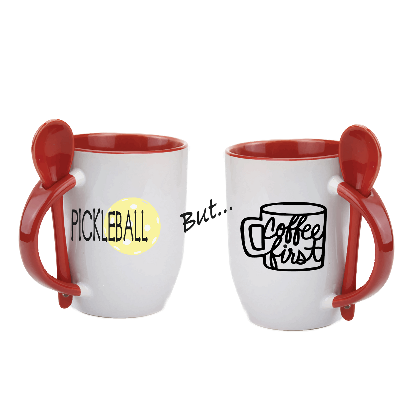 Pickleball Coffee Mug Design: Pickleball but... Coffee First  Start you day out right with these super cute and funny coffee mugs for pickleball lovers!! Designs are printed around the whole mug.  These are a high-quality 12 oz, ceramic mug. Color choices include Blue, Yellow, Red, and Green. For the longevity of the mug, hand wash only.