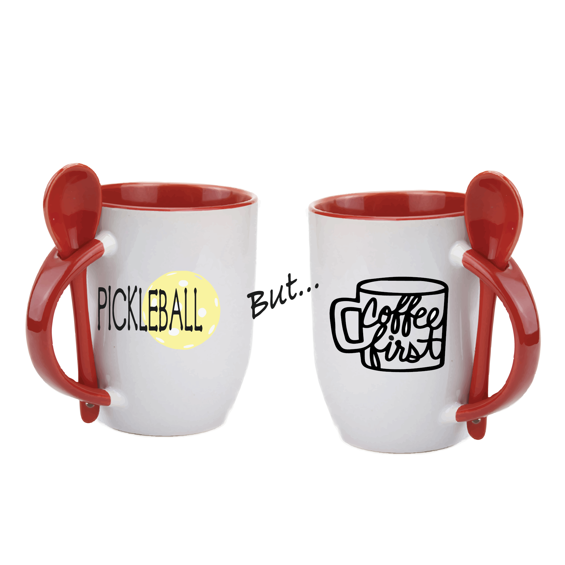 Pickleball Coffee Mug Design: Pickleball but... Coffee First  Start you day out right with these super cute and funny coffee mugs for pickleball lovers!! Designs are printed around the whole mug.  These are a high-quality 12 oz, ceramic mug. Color choices include Blue, Yellow, Red, and Green. For the longevity of the mug, hand wash only.