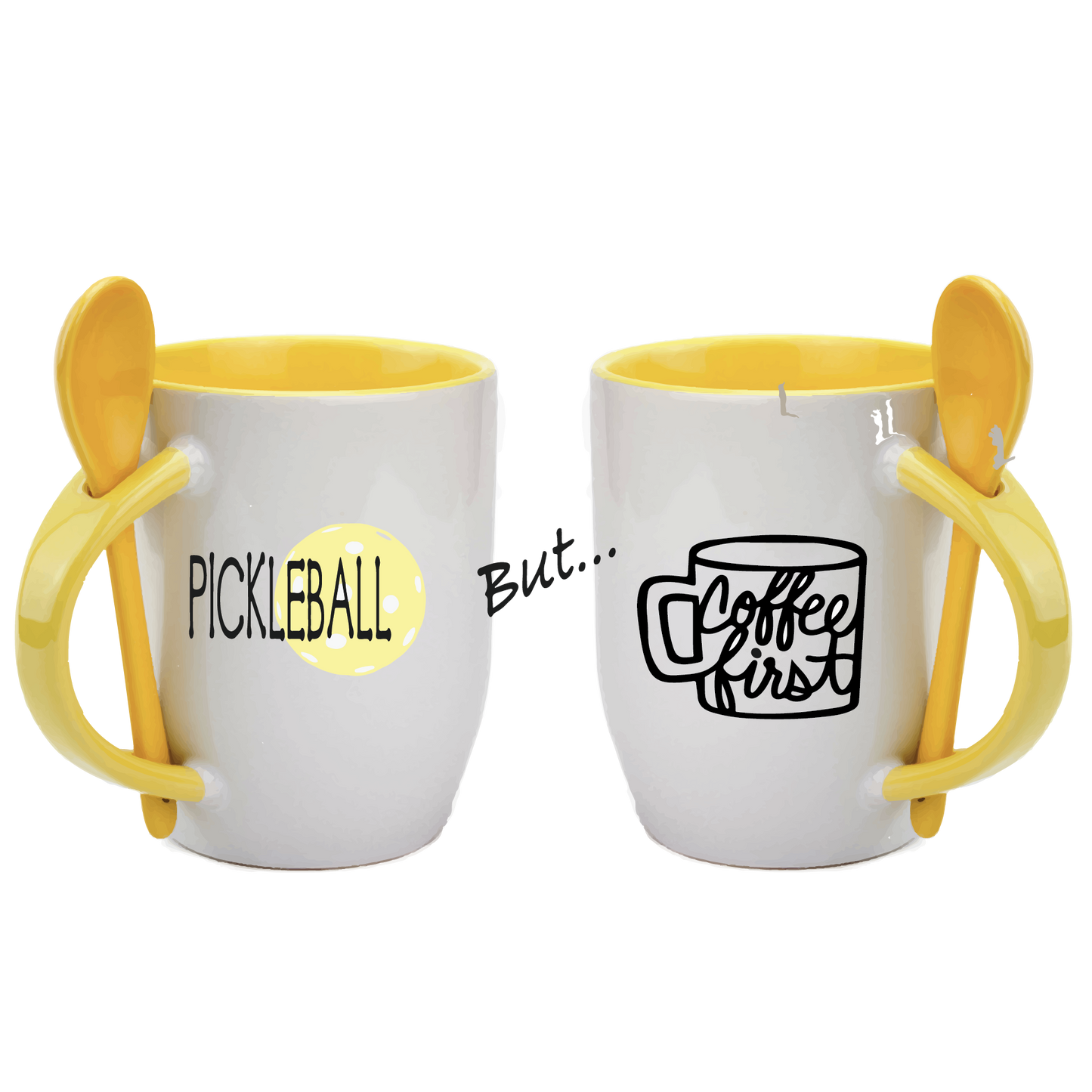 Pickleball Coffee Mug Design: Pickleball but... Coffee First  Start you day out right with these super cute and funny coffee mugs for pickleball lovers!! Designs are printed around the whole mug.  These are a high-quality 12 oz, ceramic mug. Color choices include Blue, Yellow, Red, and Green. For the longevity of the mug, hand wash only.