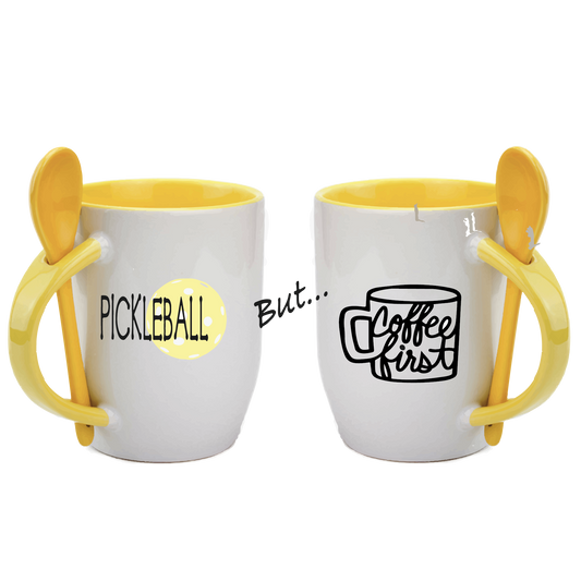 Pickleball Coffee Mug Design: Pickleball but... Coffee First  Start you day out right with these super cute and funny coffee mugs for pickleball lovers!! Designs are printed around the whole mug.  These are a high-quality 12 oz, ceramic mug. Color choices include Blue, Yellow, Red, and Green. For the longevity of the mug, hand wash only.