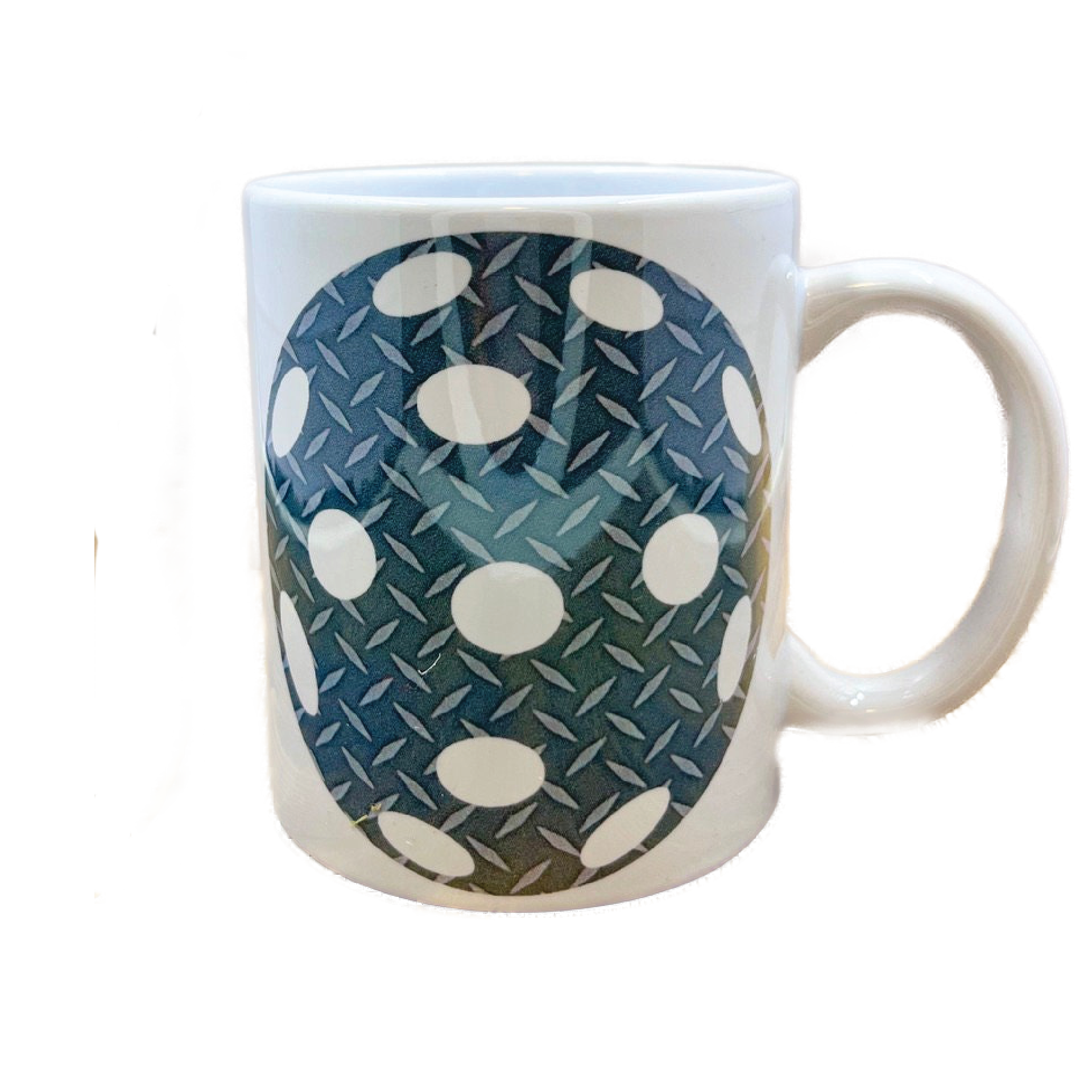 Pickleball on Coffee Mug  Greetings! What you see here is a listing for a mug that has a large pickleball on it. It comes with 1 of 4 colors for the pickleballs (Diamond plate, Harringbone pattern, Pink, and Galactic). Design is printed around the whole mug.  This is a high-quality, white, 12 oz, ceramic mug. For the longevity of the mug, hand wash only.