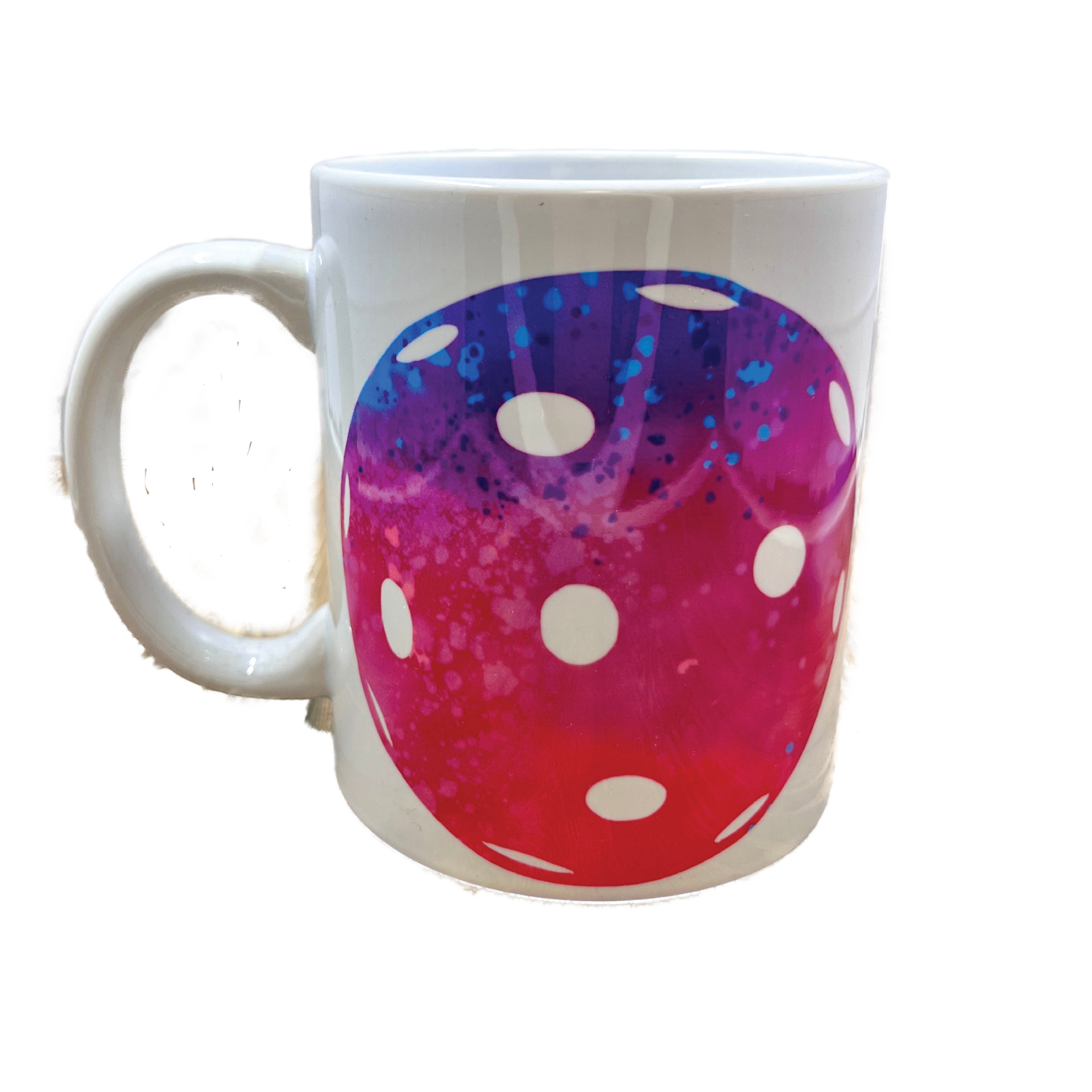 Pickleball on Coffee Mug  Greetings! What you see here is a listing for a mug that has a large pickleball on it. It comes with 1 of 4 colors for the pickleballs (Diamond plate, Harringbone pattern, Pink, and Galactic). Design is printed around the whole mug.  This is a high-quality, white, 12 oz, ceramic mug. For the longevity of the mug, hand wash only.