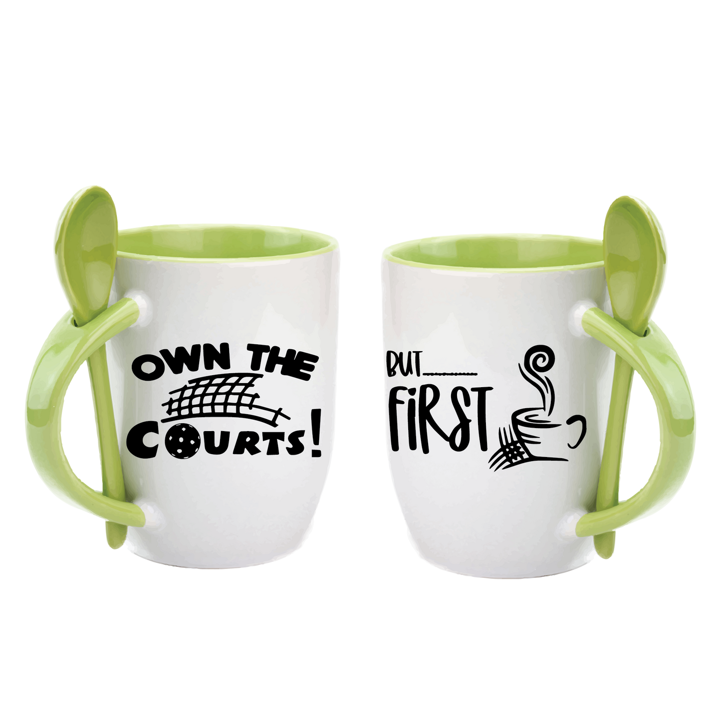 Pickleball Coffee Mug Design: Own the Courts! But... First Coffee  Start you day out right with these super cute and funny coffee mugs for pickleball lovers!! Designs are printed around the whole mug.  These are a high-quality 12 oz, ceramic mug. Color choices include Blue, Yellow, Red, and Green. For the longevity of the mug, hand wash only.