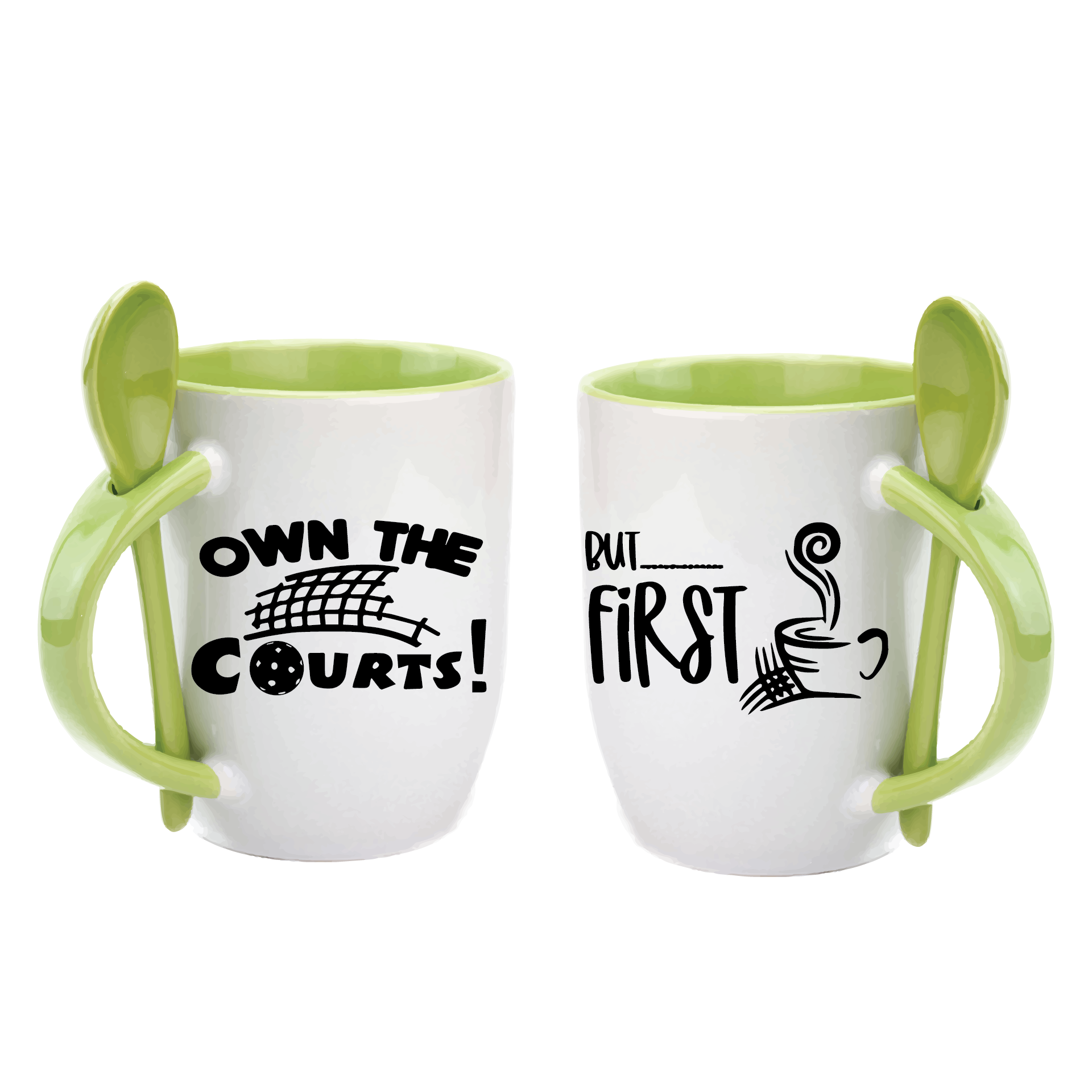 Pickleball Coffee Mug Design: Own the Courts! But... First Coffee  Start you day out right with these super cute and funny coffee mugs for pickleball lovers!! Designs are printed around the whole mug.  These are a high-quality 12 oz, ceramic mug. Color choices include Blue, Yellow, Red, and Green. For the longevity of the mug, hand wash only.