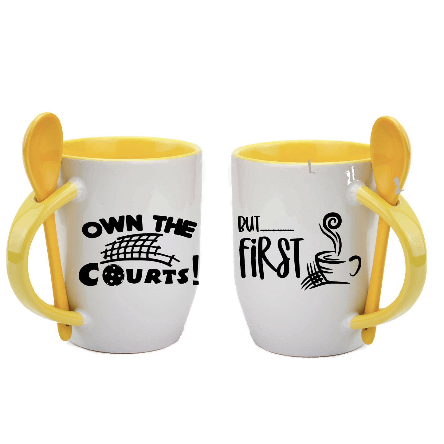 Pickleball Coffee Mug Design: Own the Courts! But... First Coffee  Start you day out right with these super cute and funny coffee mugs for pickleball lovers!! Designs are printed around the whole mug.  These are a high-quality 12 oz, ceramic mug. Color choices include Blue, Yellow, Red, and Green. For the longevity of the mug, hand wash only.